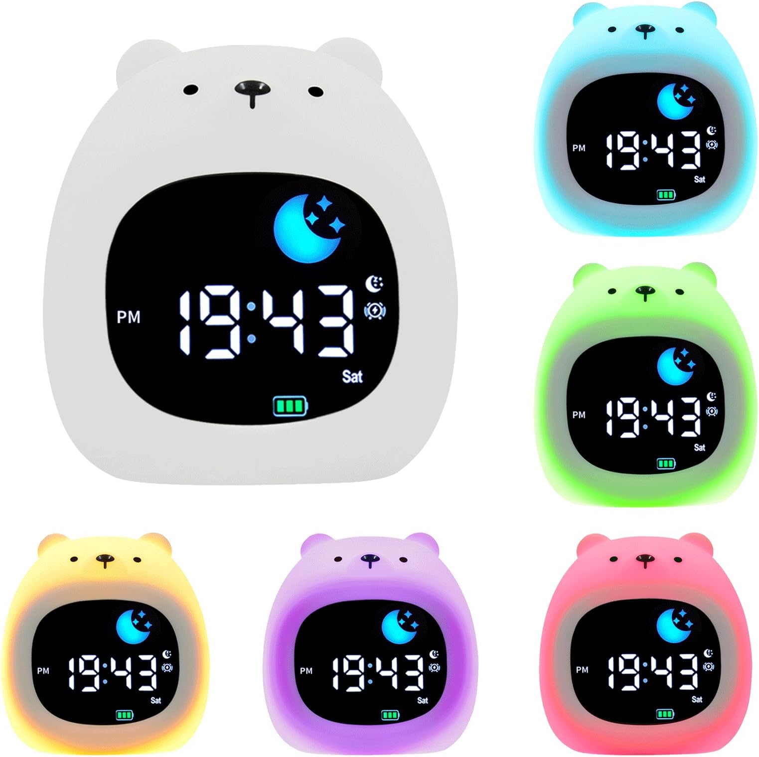 Rechargeable Kids Bear Sleep Trainer Clock with Night Light & White Noise Machine, Cute Animal-Shaped Bedside Digital Alarm Clock for Children - Adjustable Brightness & Soothing Sounds