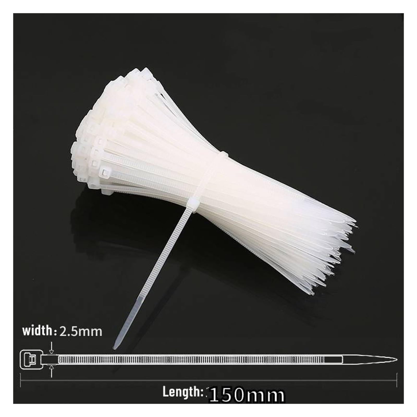 Assortiment d'attaches pour câbles,Attaches zip po Attache de câble autobloquante, 100 pièces, boucle d'attache de câble en plastique et Nylon(White,2.5x150mm)