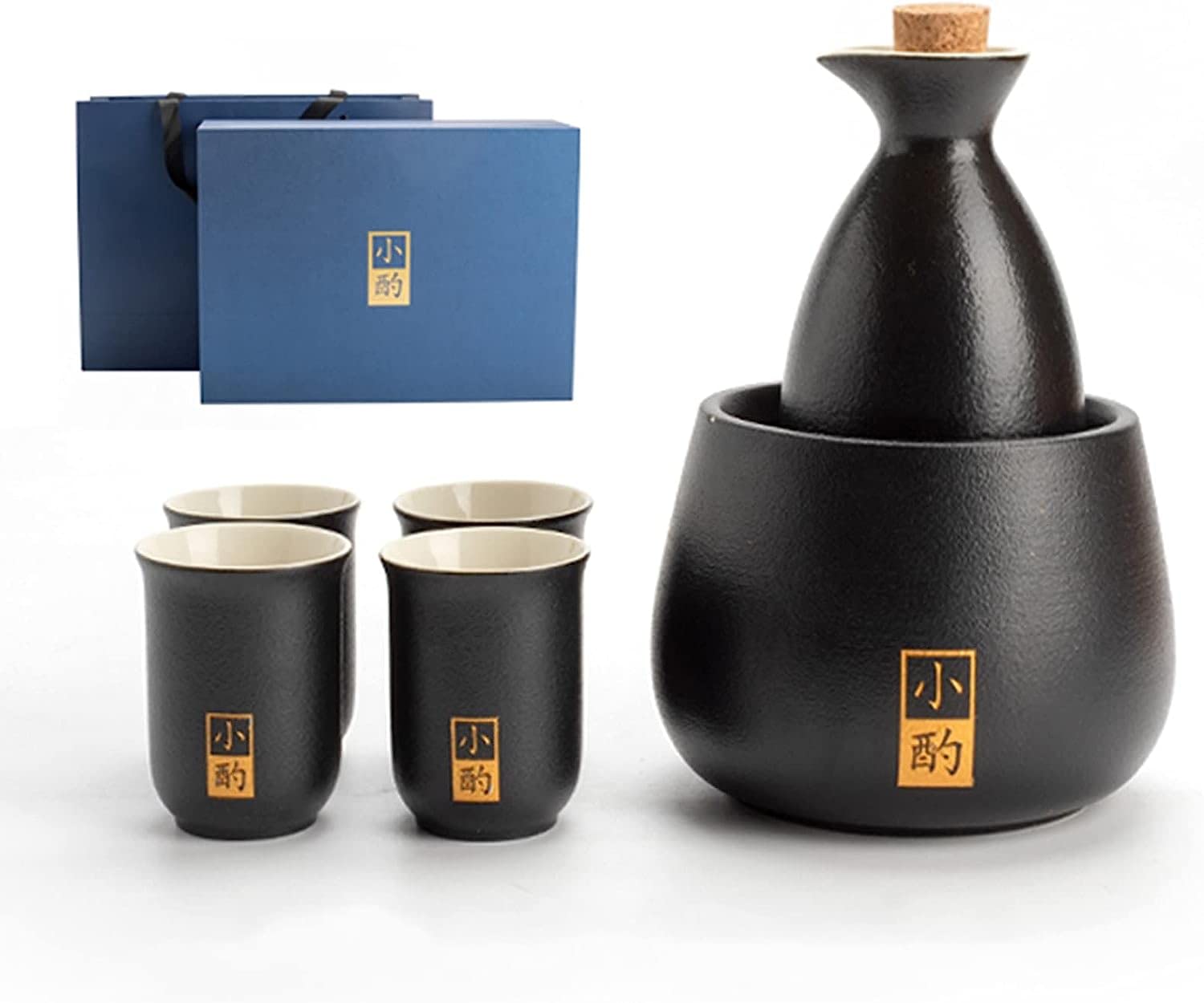Set per Sake con scaldavivande, Set Tradizionale per saka Caldo 6 Pezzi 1 Vaso 6 Tazze (1 Vaso 4 Tazze Senza Base)