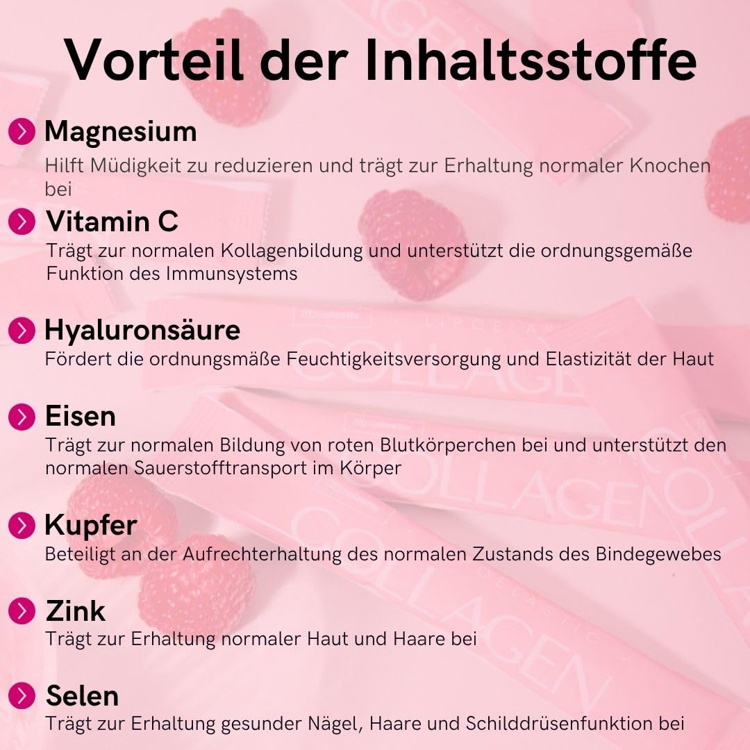 LIPOELASTIC Collagen Pulver – Nahrungsergänzungsmittel mit hydrolysiertem Fischkollagen (Typ I & III), Vitamin C, Zink, Eisen und Mineralstoffen – 30 Portionsbeutel