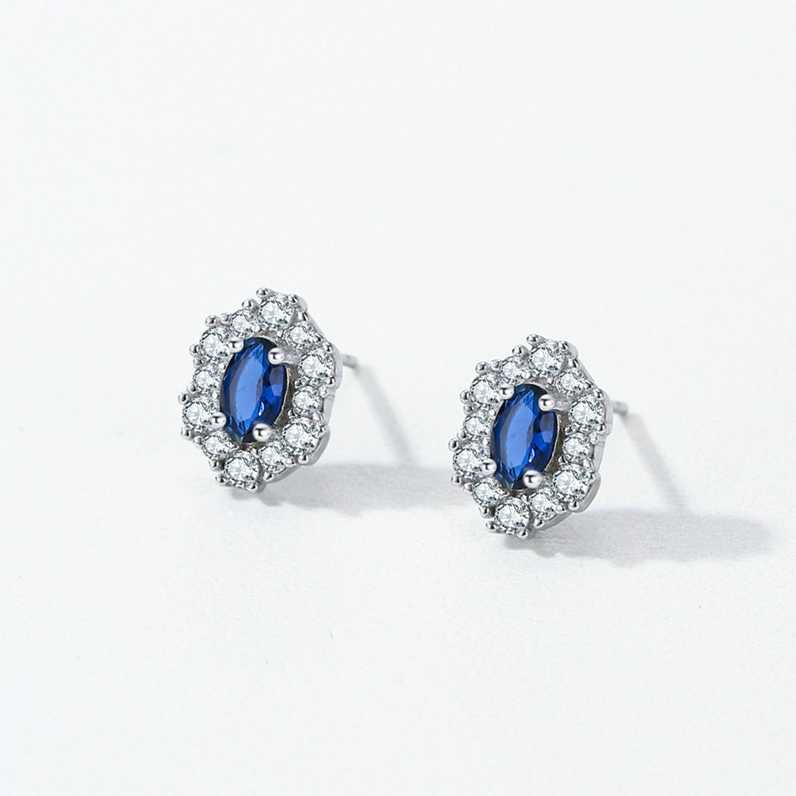Pendientes de platino para mujer, diseño de flor con zafiro ovalado y moissanita, hipoalergénicos, para bodas