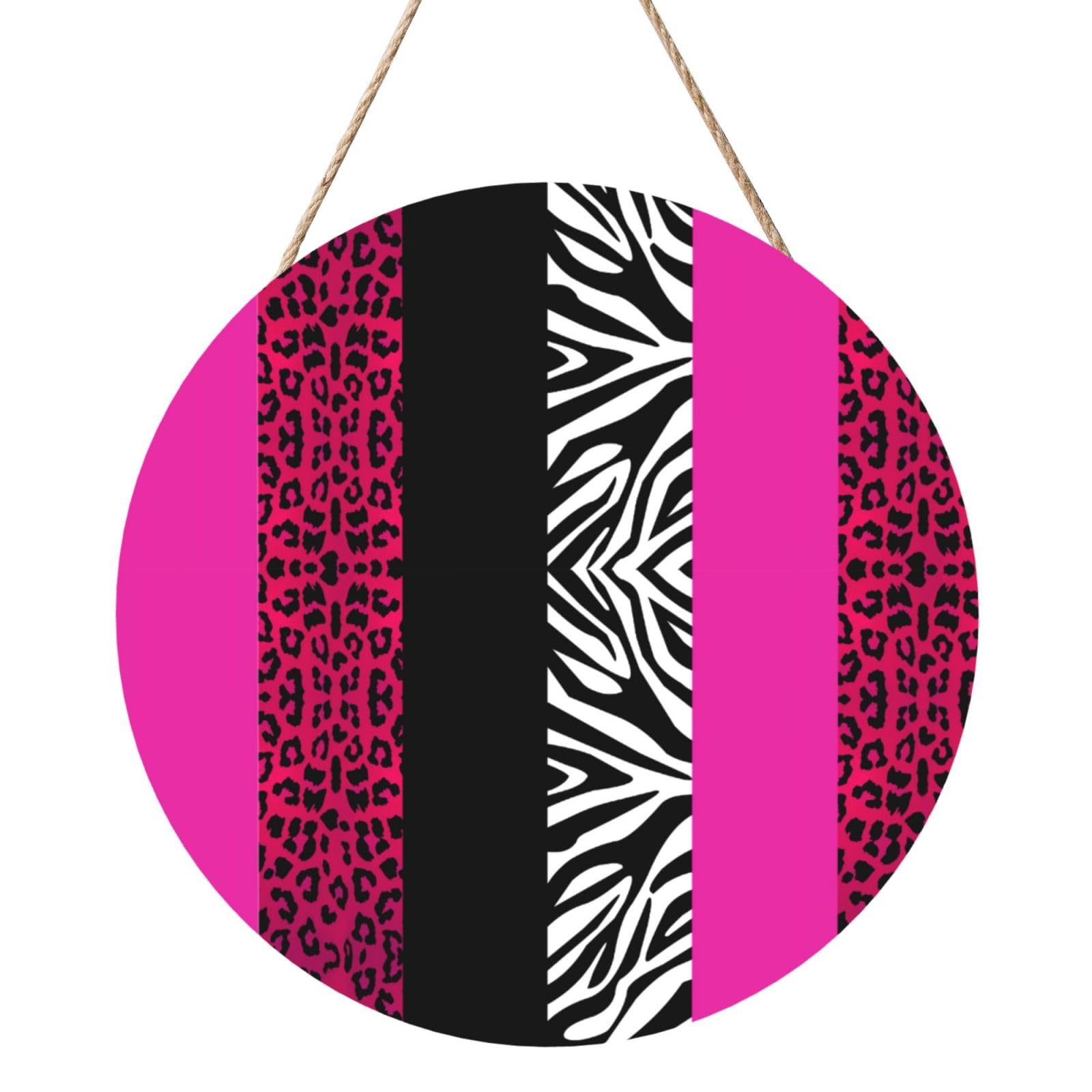 InOmak Hot Pink Leopard And Zebra Animal Print, Round Wood Panel Painting 12 in, Wall Hanging Painting For Home