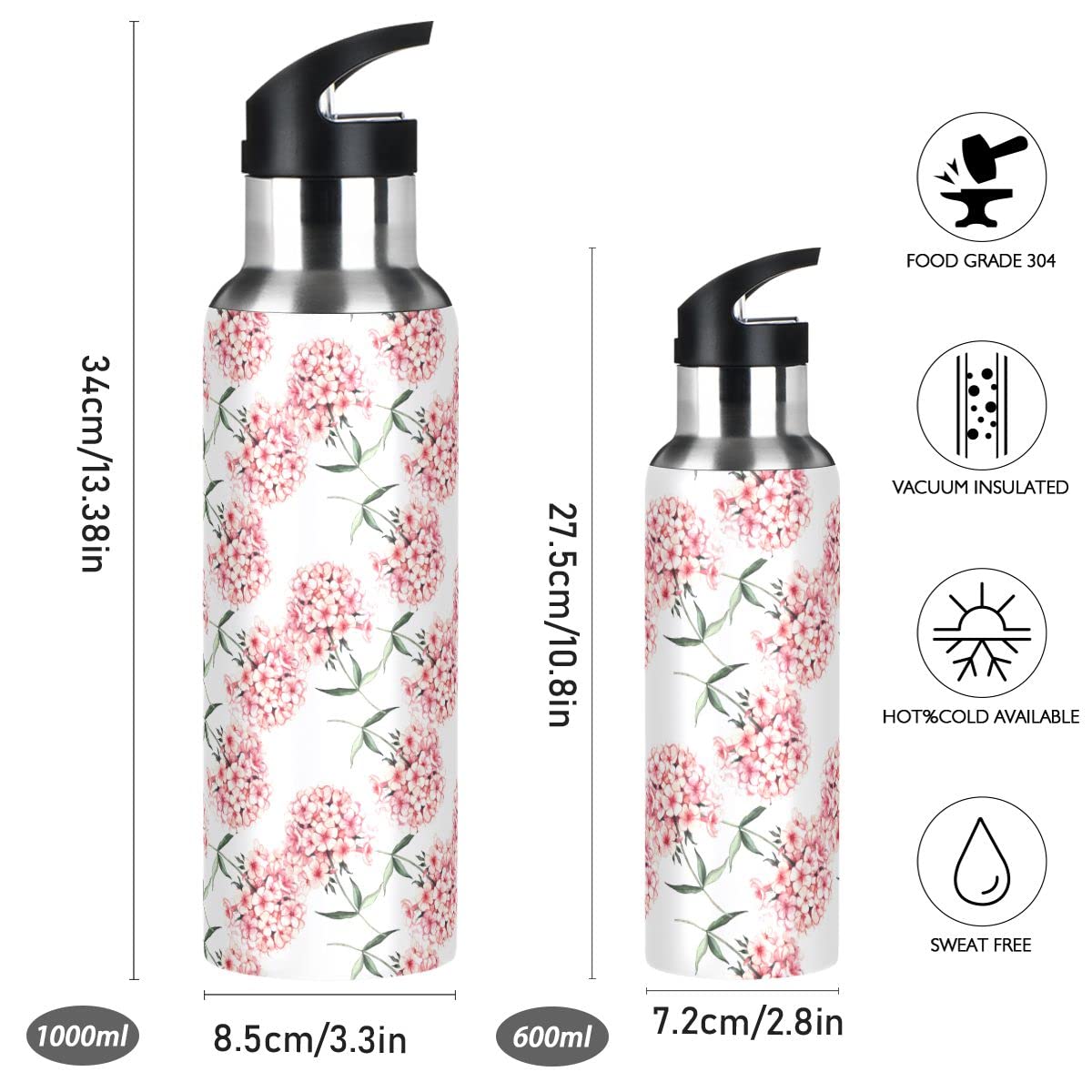 Edelstahl-Wasserflasche mit Strohhalm, Aquarell Oleander Pfirsichblüte Blume Isolierte Trinkflasche Sport Wasserflasche für Kinder Erwachsene, auslaufsicher, 1 l