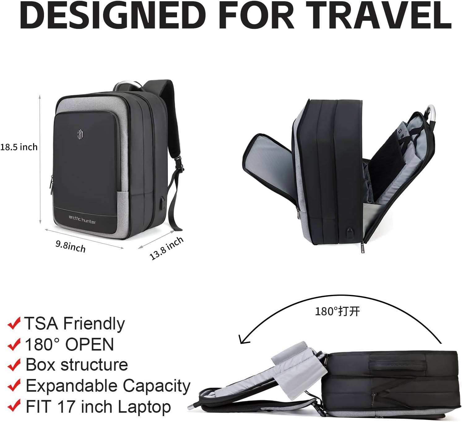 ARCTIC HUNTER AH 40L Carry On Travel Backpack for Men, TSA Flight Approved Laptop Bag, Expandable Business Water Resistant Luggage Backpack (Black)