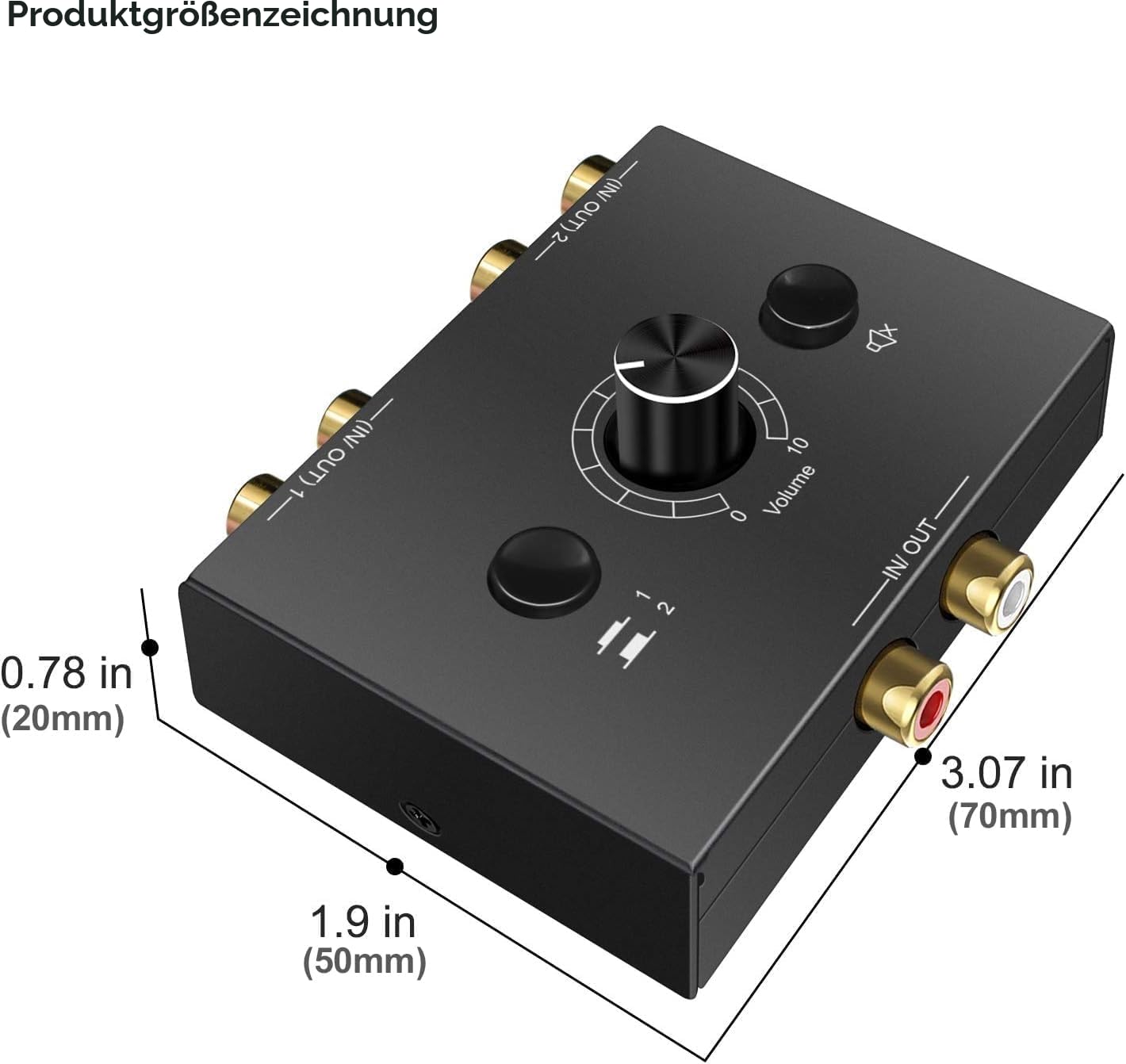 UNSTINCER RCA Cinch Audio Switch 2(1)-In-1(2)-Out, a/b Analog Stereo Umschalter mit Lautstärkeregelung Stummschalttaste,Bidirektional Sound Selector Schalter für Phono Kopfhörer Lautsprecher