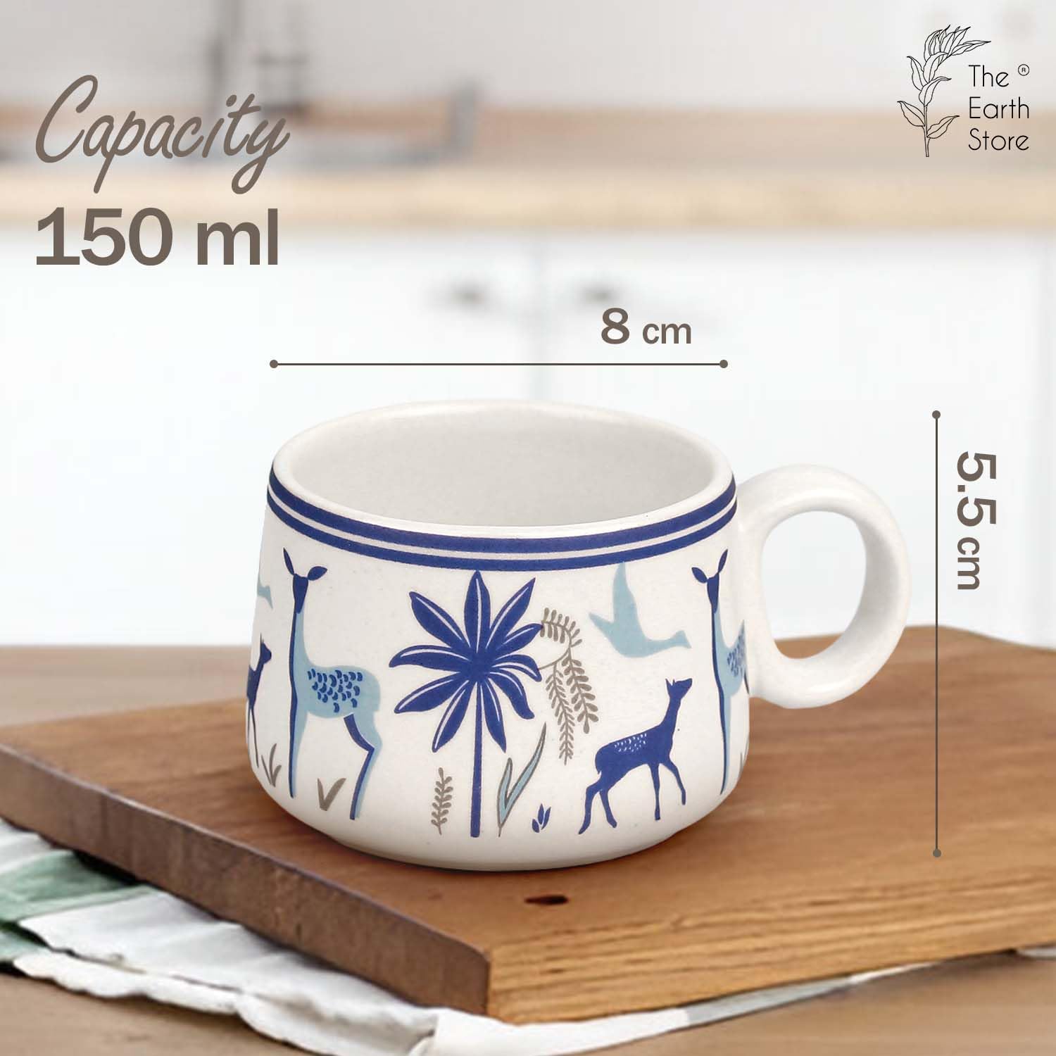 The Earth Store Handcrafted Ceramic Stag Blue Tea Cup Set with Kettle Microwave and Dishwasher Safe 6 Tea Cups & 1 Kettle | Tea Pot Set | Morning Set