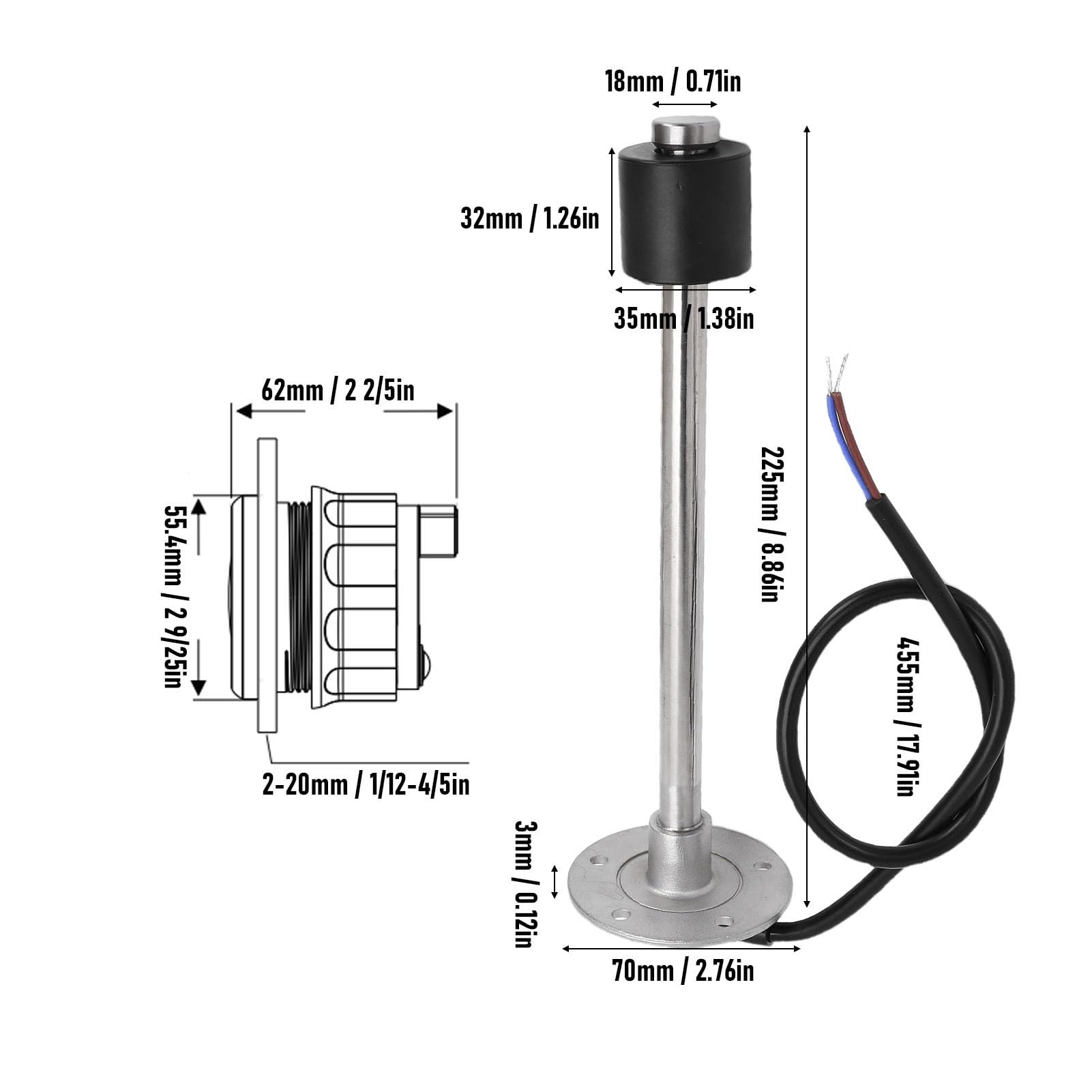 Unidad de Envío de Tanque de y Kit de Medidor Sensor de Nivel de de Acero Inoxidable de 225 Mm 0-190 Ohmios con Indicador de Vidrio Curvado Antivaho para Barcos, Automóviles,