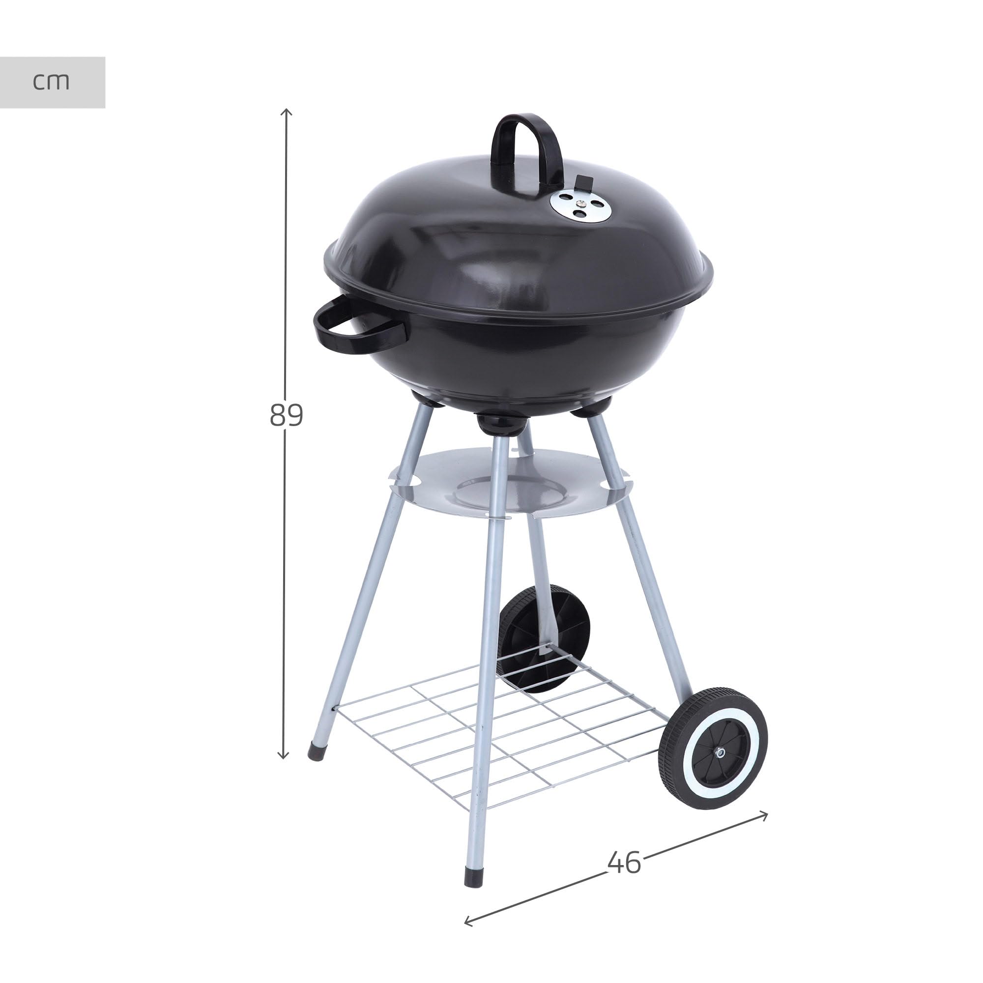 AKTIVE Barbacoa carbón portátil redonda 46x89 cm con tapa y rejilla de ventilación Doble parrilla con rejilla de ventilación 2 ruedas incorporadas para fácil transporte