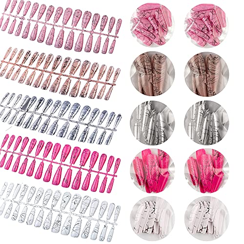 Press on Nails Full Cover False Nail for Nail Salons (Wire Drawing) 120 PCS/Set, 5 Nail Tool Gift