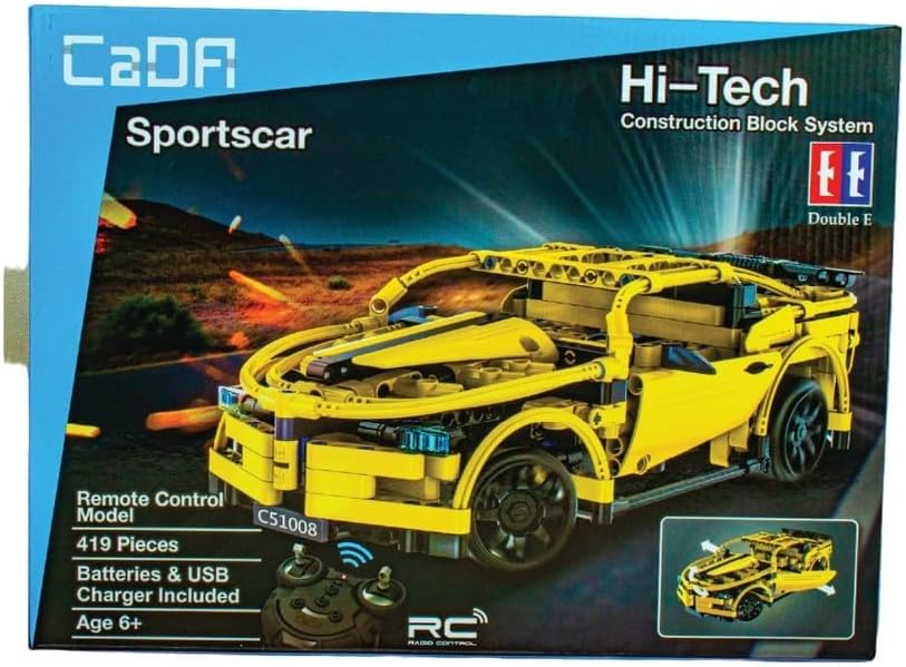 Cada C51008W Sports Racing Car box showing the assembled yellow car, remote control, and product details.