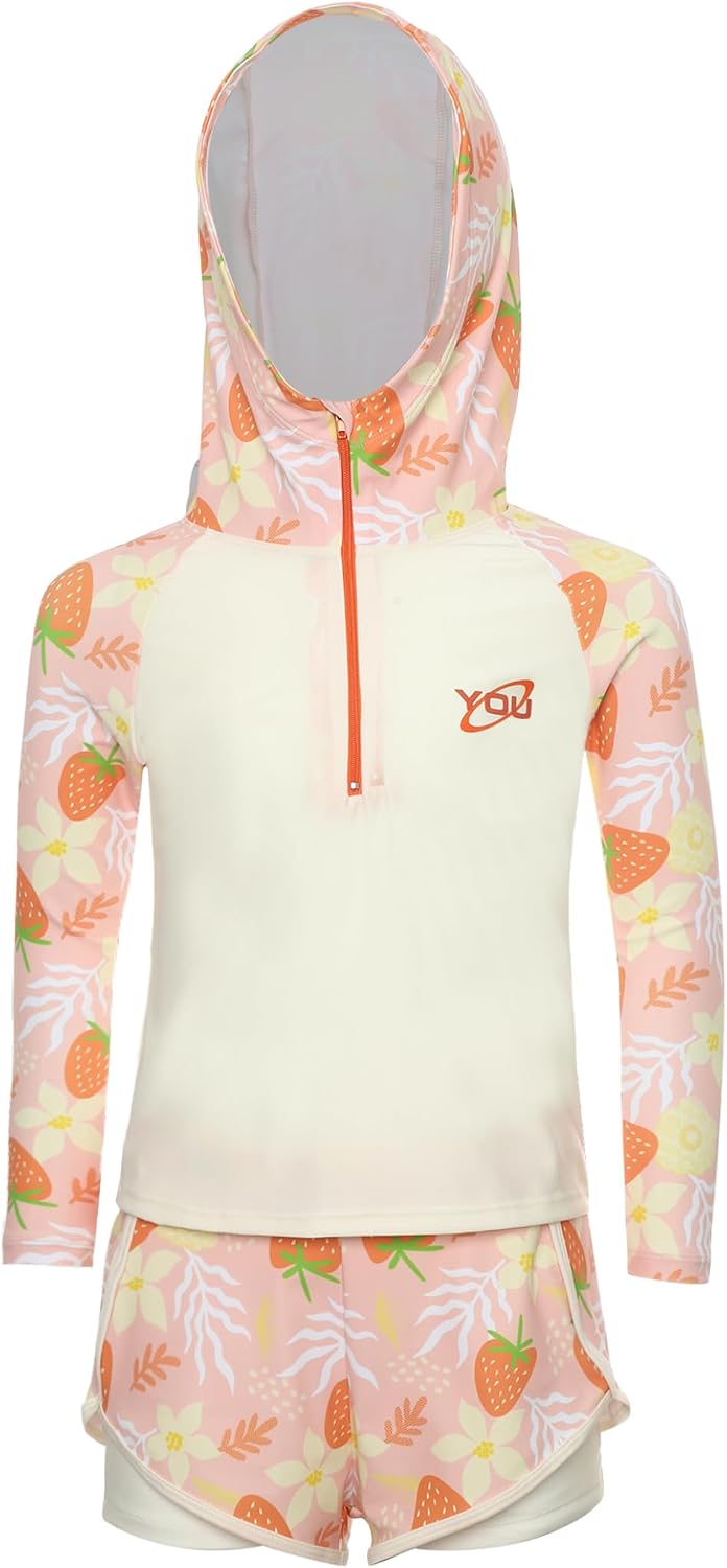 Kids Girls 2Pcs Cute Print Hooded Long Sleeve Swim Tops with Double Layers Shorts Rash Guard Swimsuit