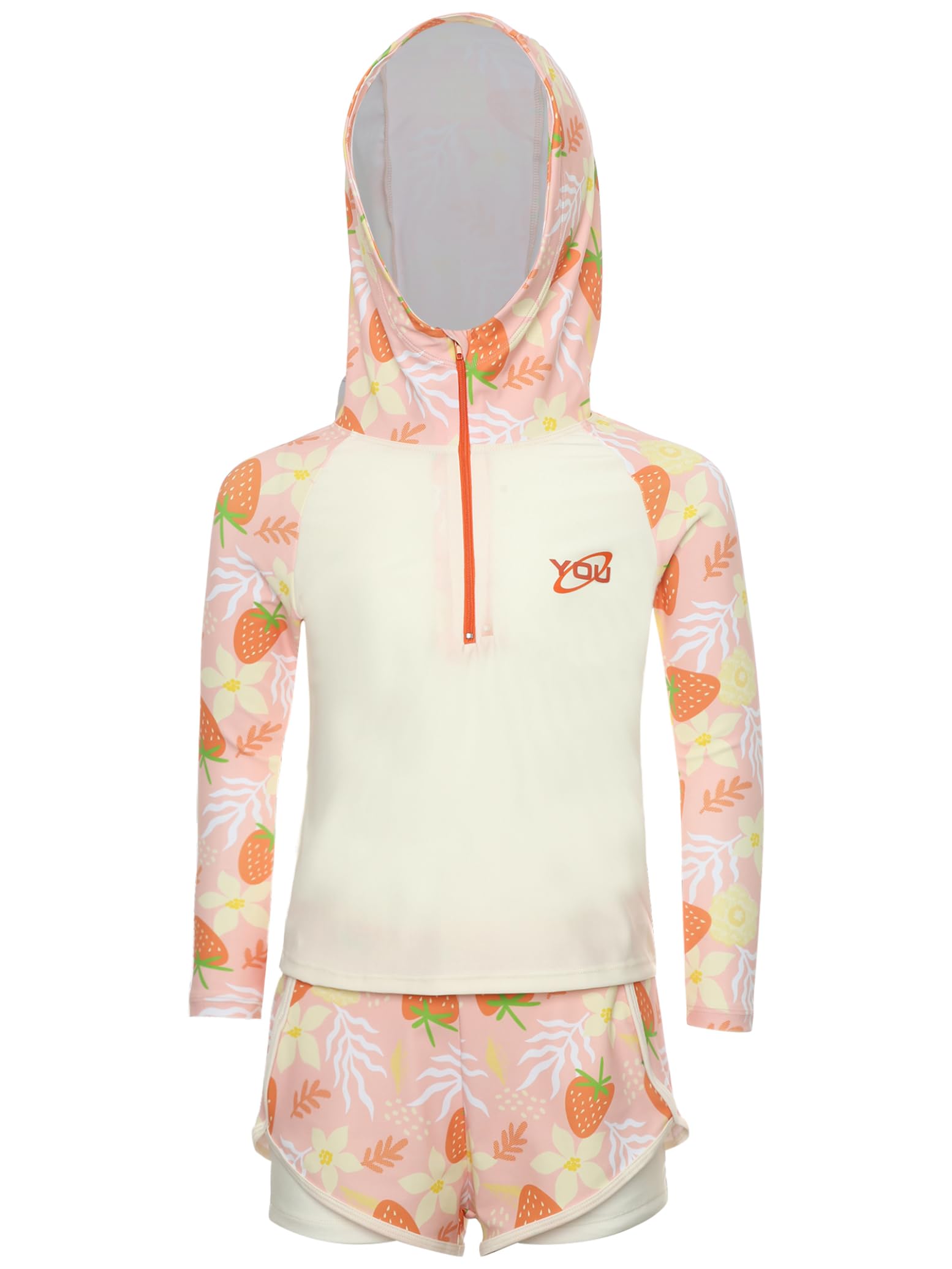 Yihuimin Kids Girls 2Pcs Cute Print Hooded Long Sleeve Swim Tops with Double Layers Shorts Rash Guard Swimsuit Orange 10-12 Years