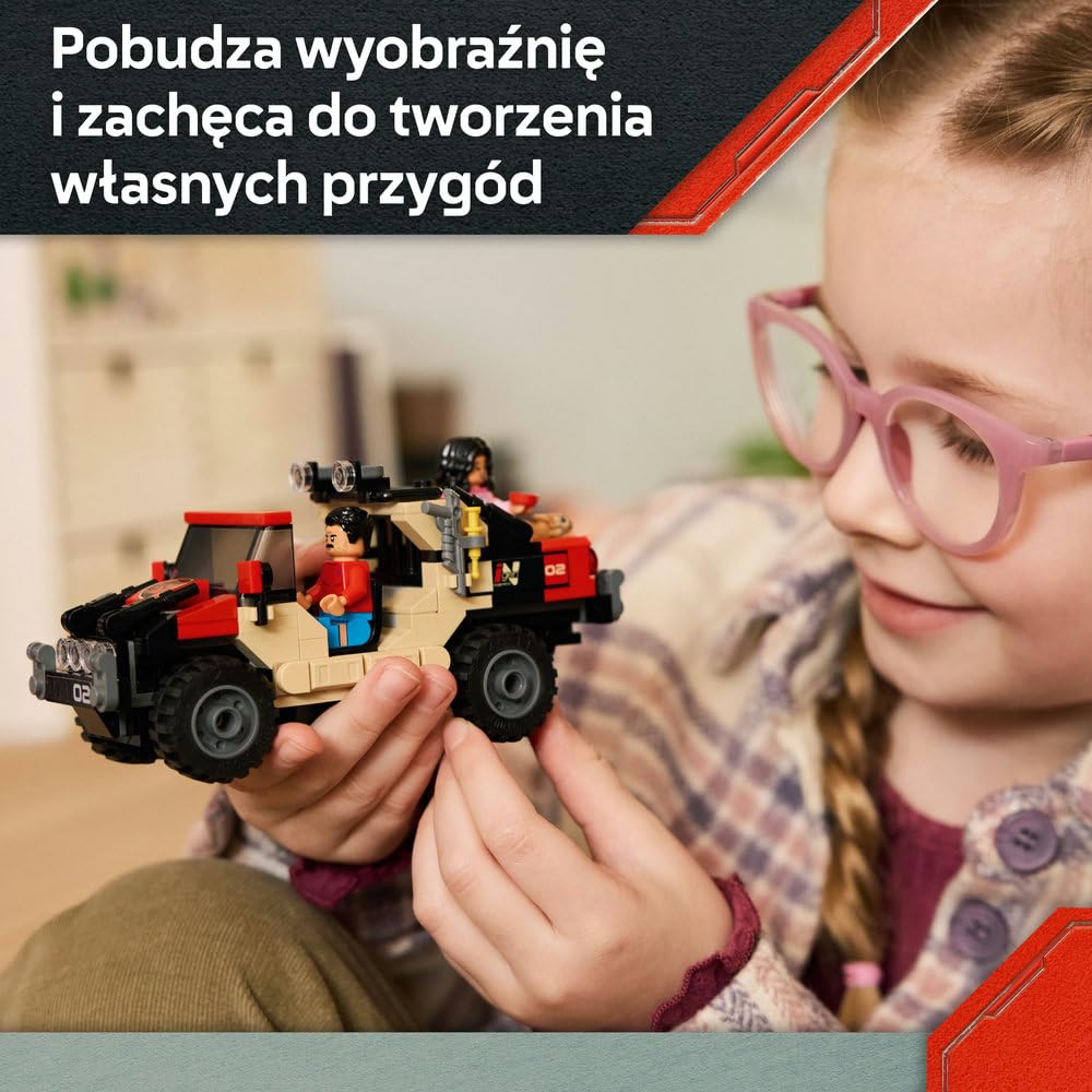 LEGO Jurassic World Ucieczka terenówką przed raptorem, zabawka dla dziecka, dla chłopca i dziewczynki, figurka welociraptora, pomysł na prezent dla miłośników dinozaurów w wieku od 6 lat 76972