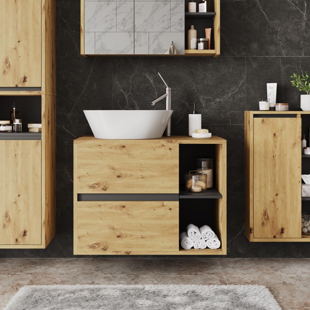 Vicco Mobiletto per lavabo Viola, Artigiano/grigio, 80 x 60 cm con 2 cassetti, con intaglio per sifone per installazione sospesa a parete