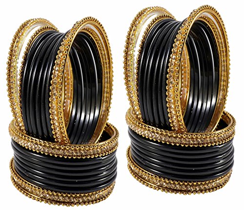 Image of NMII Glass With Zircon Gemstone Studded Worked and Ball Chain Or Plane Gloosy Finished Bangles Set For Women and Girls