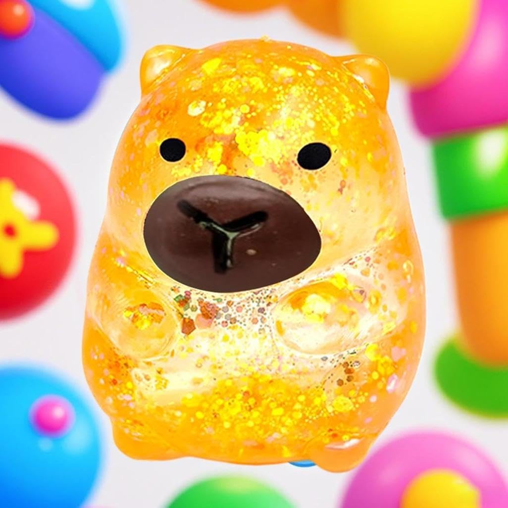 Glitter Capybara Squeeze Balls, Sensory Stress Ball Fidget Toys, Cute Malt Sugar Filled Sensory Fidget Toy, Animal Stress Relief Capybara Toys Stretchy Squeeze Toys for Birthday Party Gift (Yellow)