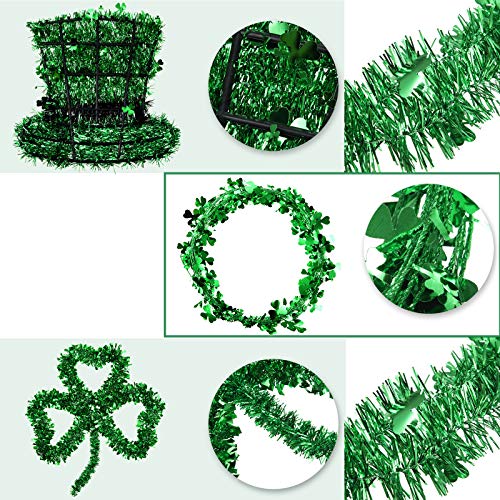 WILLBOND 4 Pieces St. Patrick\'s Day Green Tinsel Garland Include Shamrock Wreath, Wire Garland and Leprechaun Hat for Irish St Patrick Party Favor Home Wall Decorations