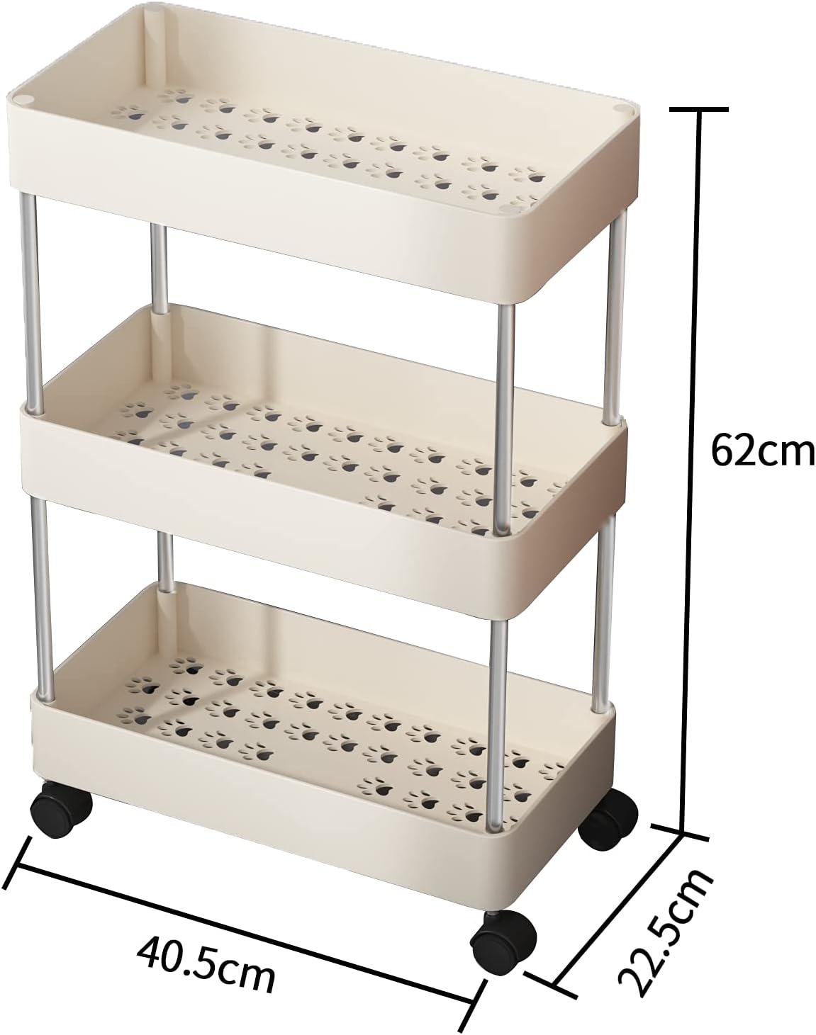 UDEAR Slim Storage Cart,3-Tier Mobile Shelving Unit Rolling Utility Cart for Bathroom, Office,Laundry Room,Kitchen, Narrow Place,White