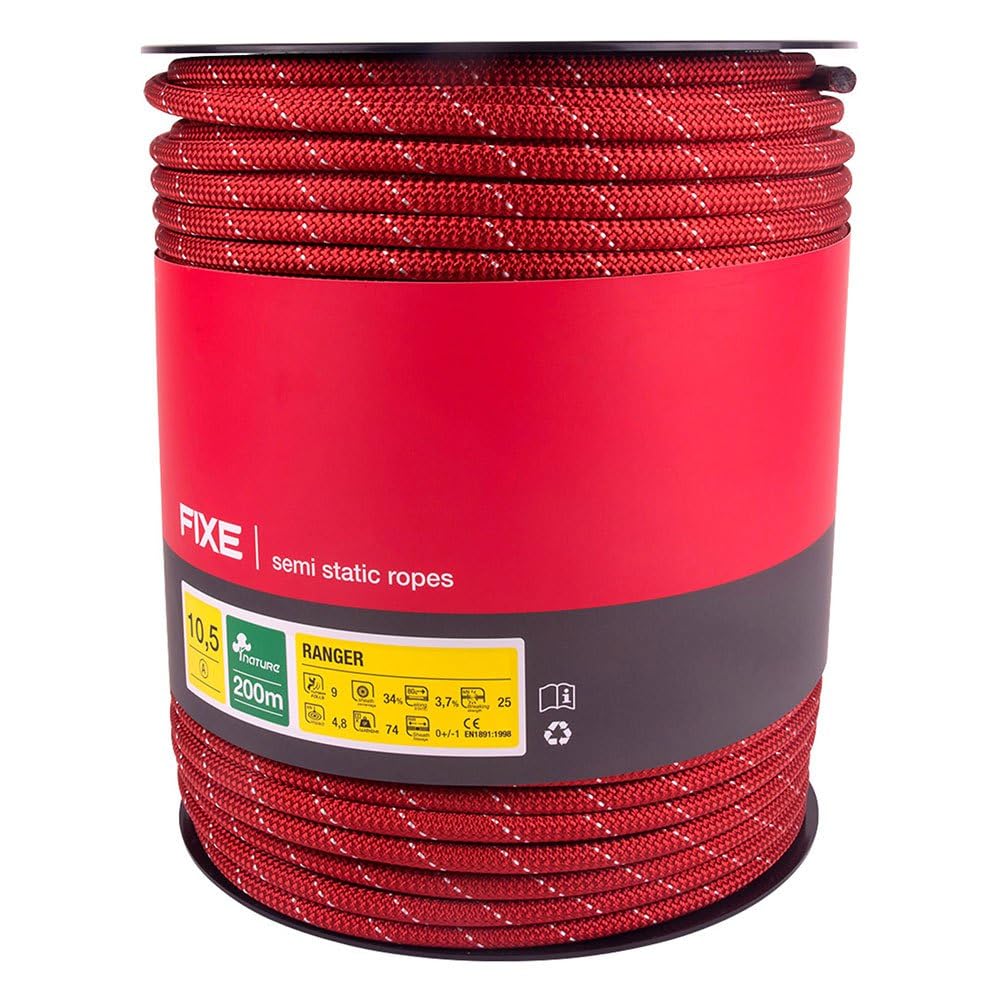 Fixe - Cuerda Semiestática Multiusos RANGER 10,5mm - 100m - Cuerda Trabajos Verticales, Cuerda Semi-estática para Instalaciones Deportivas, Industria - Roja - Tipo A - Poliamida.