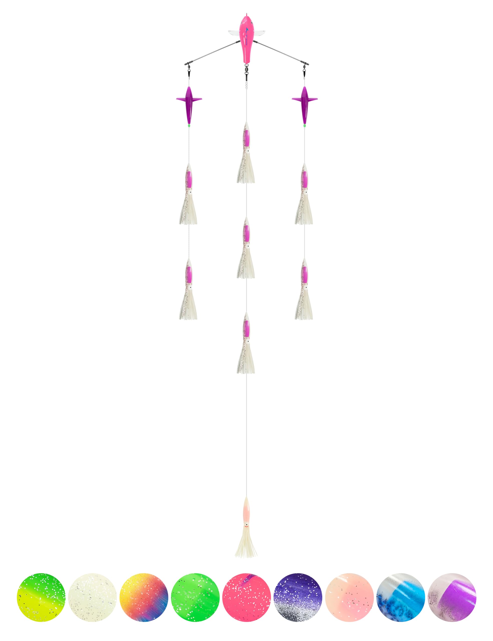 BLUEWING 18in Upgraded Fishing Spreader Bar Canyon with 6in Squids, Trolling Birds, Big Game Trolling Lure and 316 Stainless Steel Rod for Wahoo Tuna Marlin Mahi Mahi, Crystal Purple