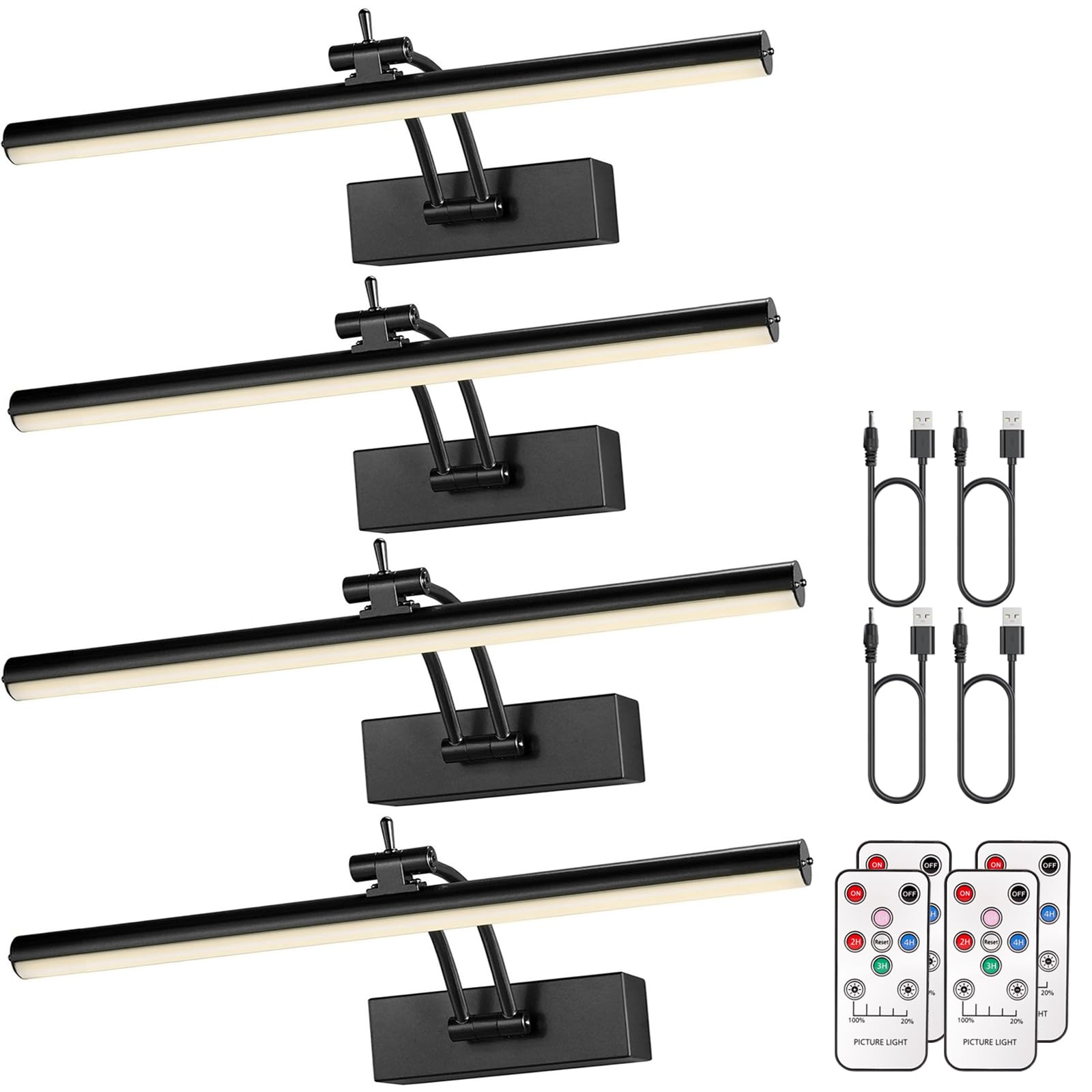 Yuichoy 4 Pack Picture Light for Wall Battery Operated, 12inch Gallery Light, Wireless Art Lighting for Painting with Remote, Dimmable 4200mAh Picture Frame Lights, Black
