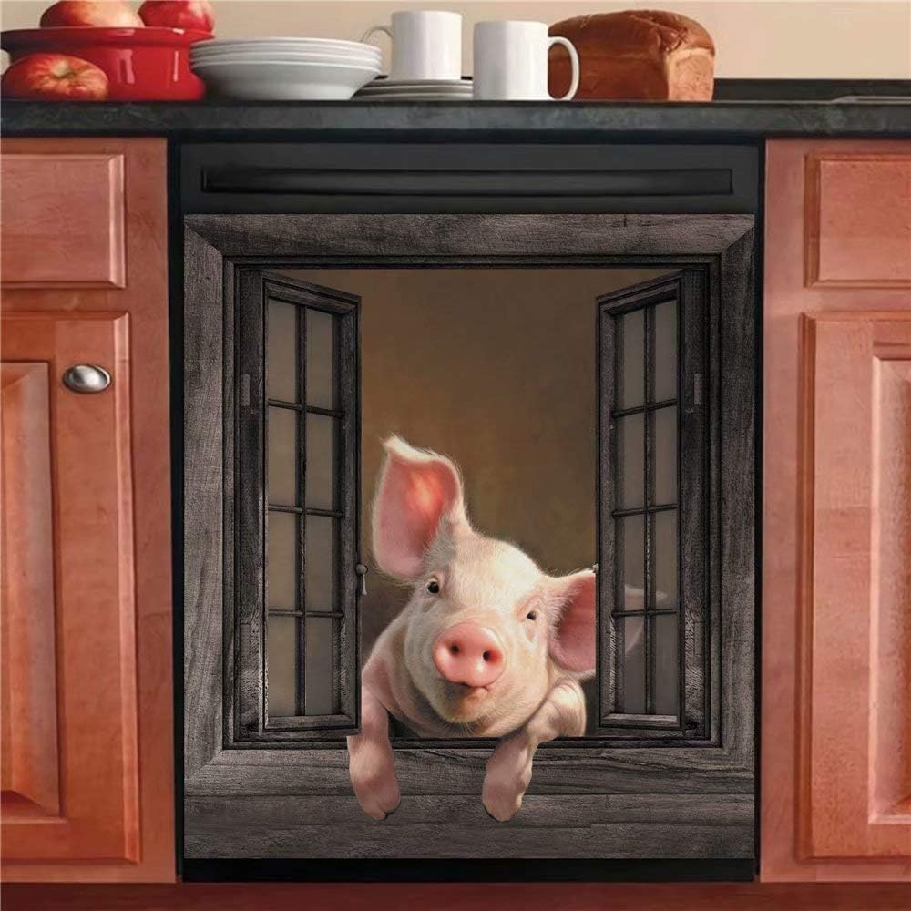 Magnetic Funny Pig Dishwasher Sticker Kitchen Cabinet Panels,Farm Window Refrigerator Door Cover Sheet,Animal Fridge Manget,Home Appliances Decor Decals 23" Wx26 H