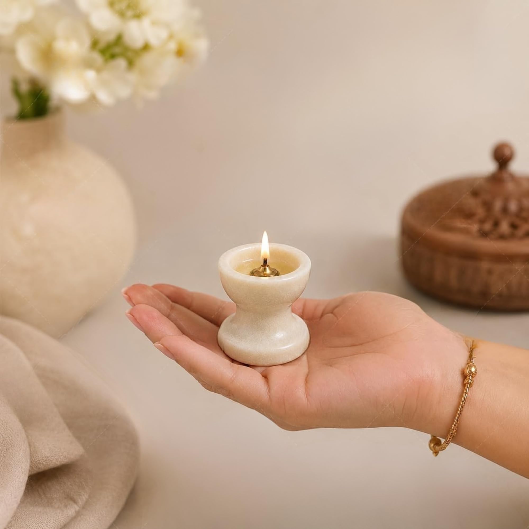 Natural Marble Diya Tea Light Holder, White and Gold, 160g, Traditional Design for Home Decor (1, Deepak)-image-22