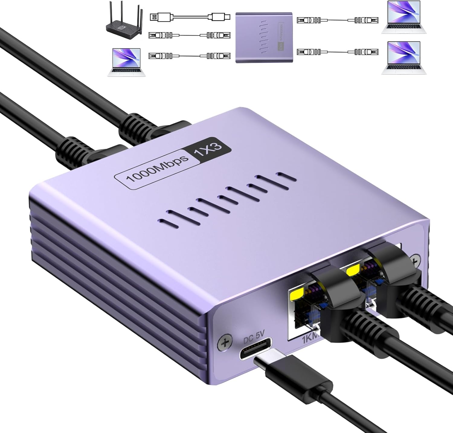 Ethernet Splitter 1 to 3, 1000Mbps, Aluminum Alloy Case, RJ45 Port, Supports Cat5/5e/6/7/8, Compatible with Desktop/Laptop/Printer