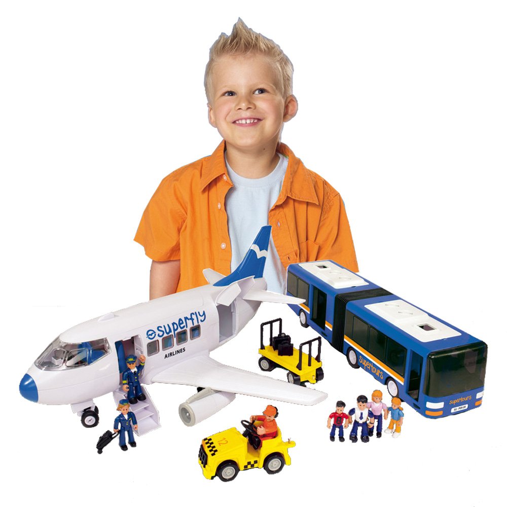 Simba パラシュートフィギュア World of Toys Simba Superplay Airplane with Padprint and Shuttle Bus Playset