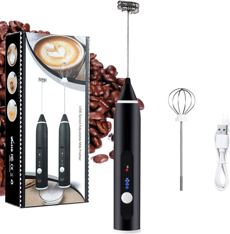 SPORTNET 2 Handheld USB Rechargeable Gift for Coffee Lovers, 3 Speeds for Lattes, Cappuccino-2 Stainless Steel Whisks (Black)