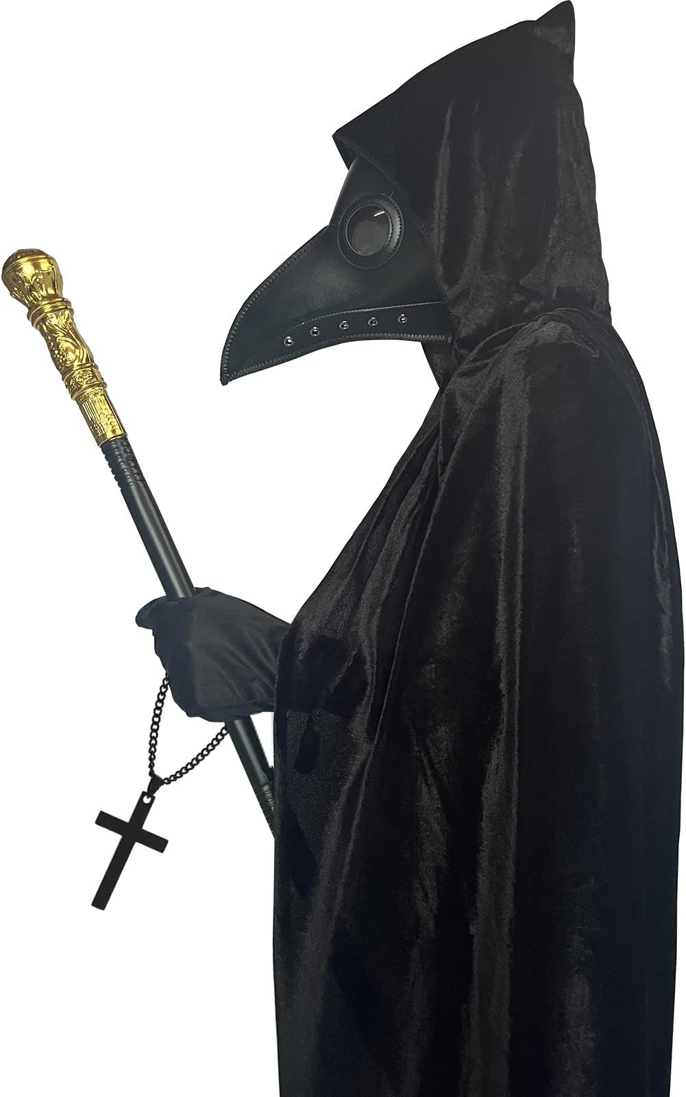 – Halloween Plague Doctor Mask Costumes Set 5 in 1, Long Nose Beak Mask Hooded Cloak Scepter Cross Necklace Gloves for Halloween Costume Party