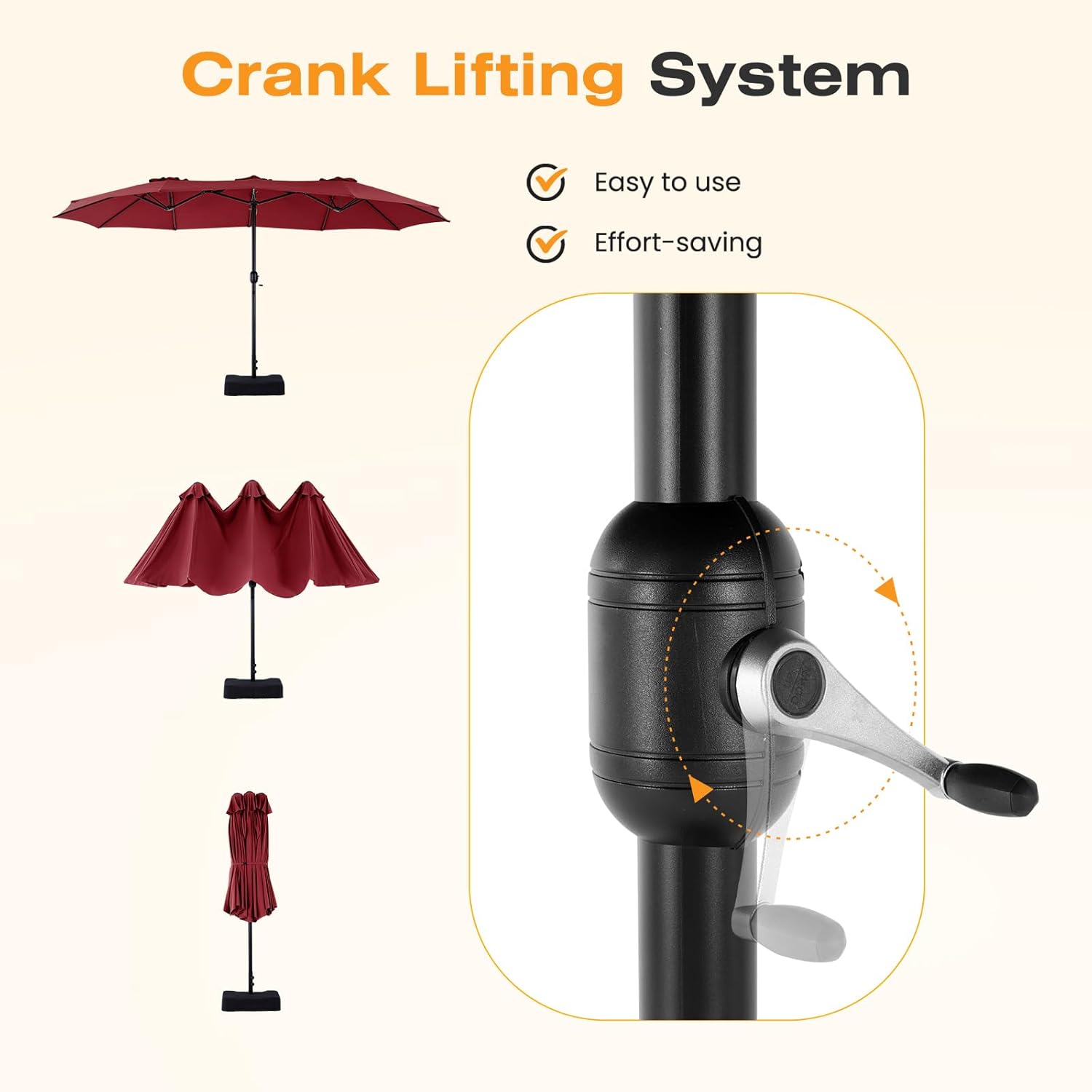 NEWBULIG 15ft Double-Sided Patio Umbrella, Extra Large Outdoor Market Umbrella with Cross Base, 12 Sturdy Ribs Triple Head Twin Canopy Umbrella with Crank for Garden, Backyard, Poolside