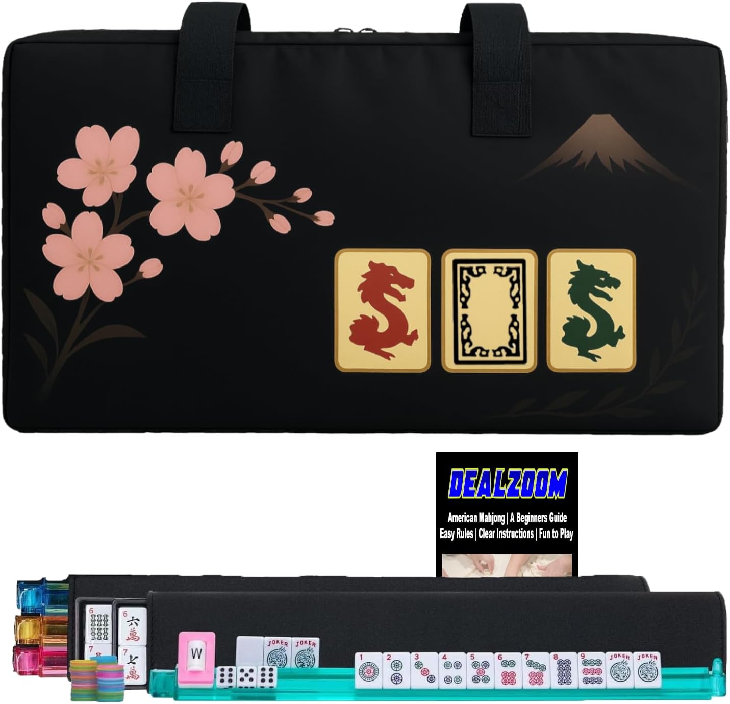 American Mahjong Set Complete, Full Game with 166 Mahjong Tiles, Mahjong Racks with Pushers, Instructions, Dice, Chips, Wind Indicator & Mahjong Accessories in Mahjong Bag (Dragon Bloom)