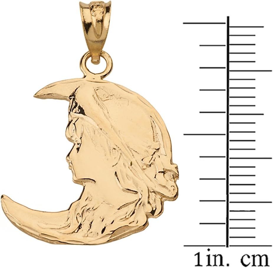 14k Yellow Gold Art Nouveau Crescent Moon & Lady Pendant Necklace