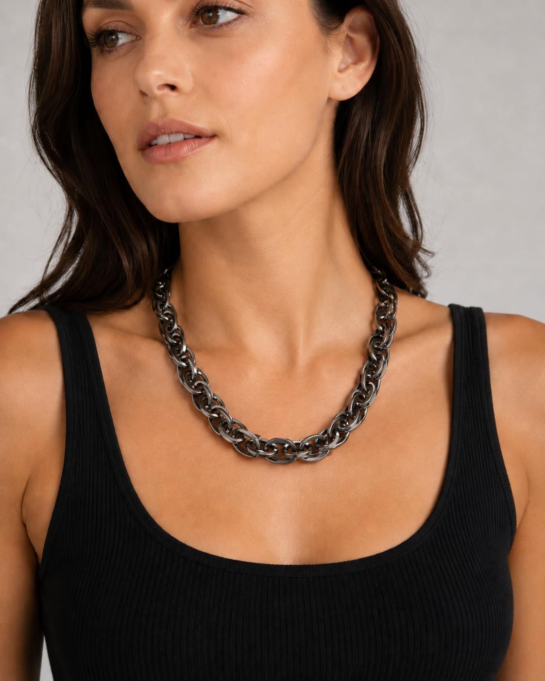 COOLSTEELANDBEYOND Women's Gunmetal Oversized Link Necklace, Bold Industrial Chain Jewelry, Edgy Urban Statement Accessory, Dark Romantic Style, Gift for Her