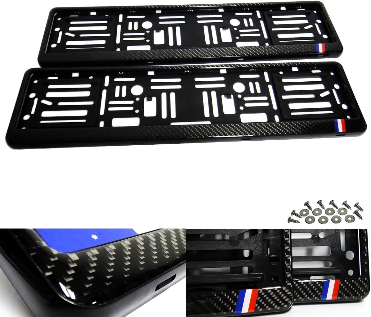 – RZG 2x Black Real Carbon Fibre Fiber Euro UK Car Licence Registration Number Plate Holder Surround Frame DS France