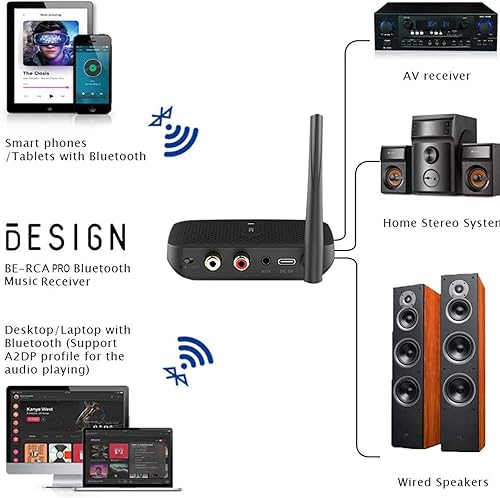 Miniatura 7 de Besign BE-RCA Pro - Adaptador Bluetooth de largo alcance para transmisión de música Bluetooth, color negro