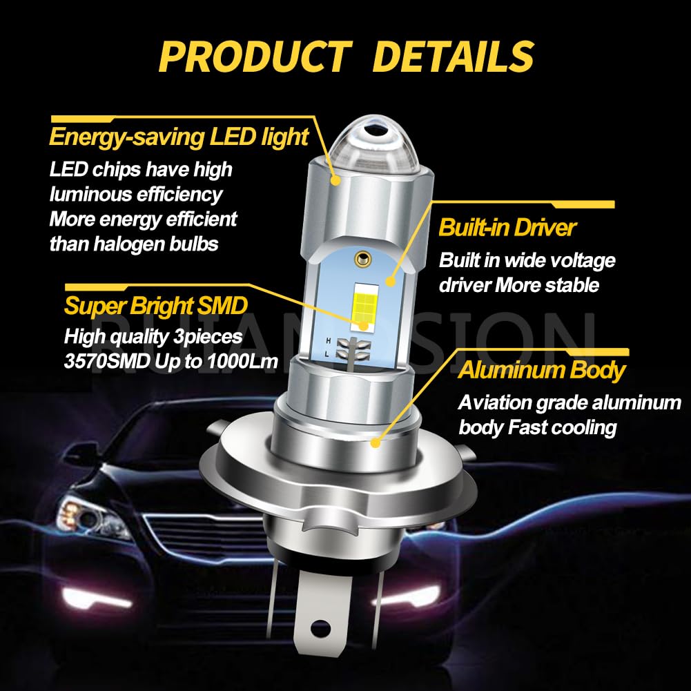 Ruiandsion - Lot de 2 phares LED avant H4 de 6 V à faisceau double haut et bas, 6000 K, couleur blanc 3570 puce pour motos, voitures et vélos, lumière antibrouillard