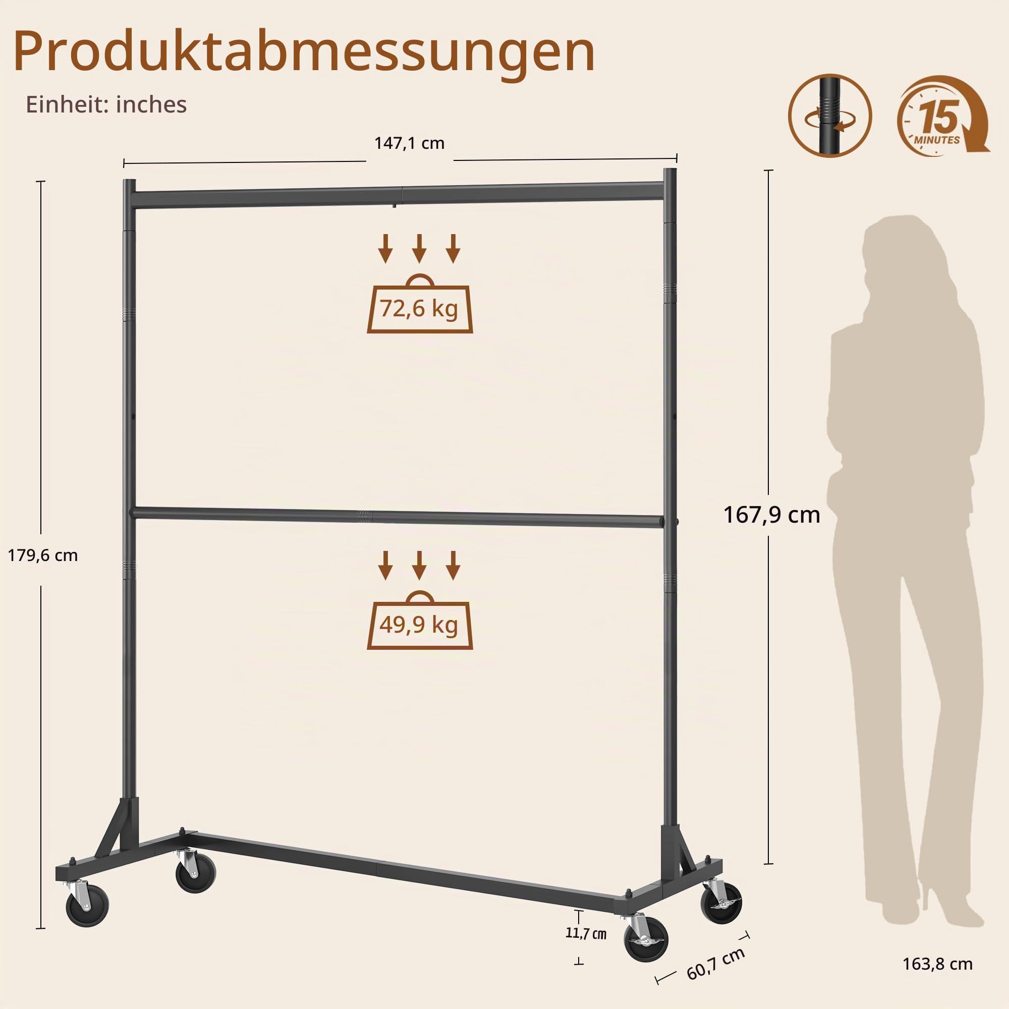 Hoctieon Schwerlast Kleiderständer auf Rollen, Kleiderstangen Stabil aus Metall, Garderobenständer für Schlafzimmer, Clothes Drying Rack für Mäntel, Röcke, Hemden, Pullover, Schwarz