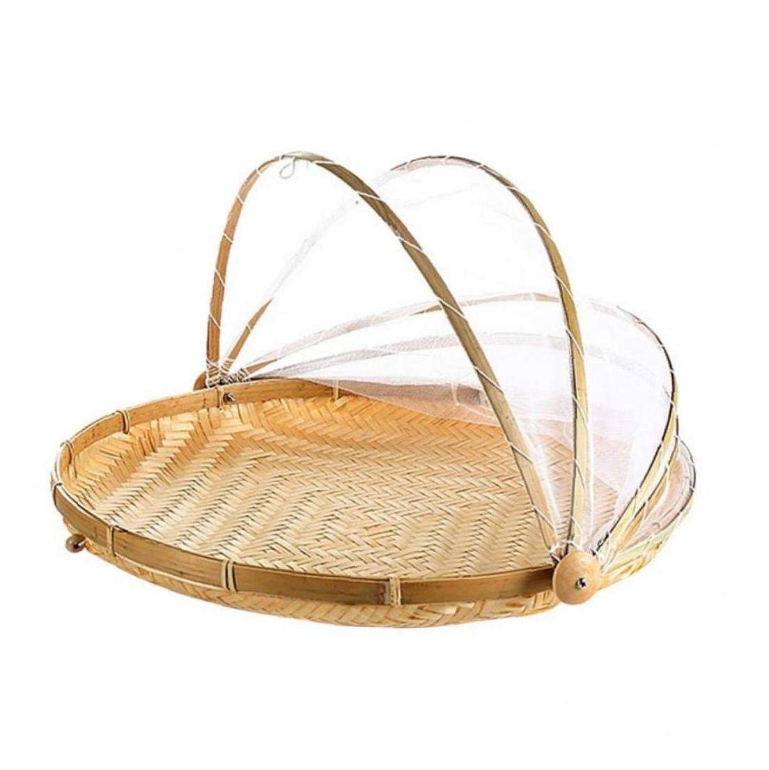 Zonfer Light Hand Woven Food Cover Pest Dustproof Round Basket Handmade Bread Basket Fruit Cover Picnic Basket With Gauze Kichen Accessories