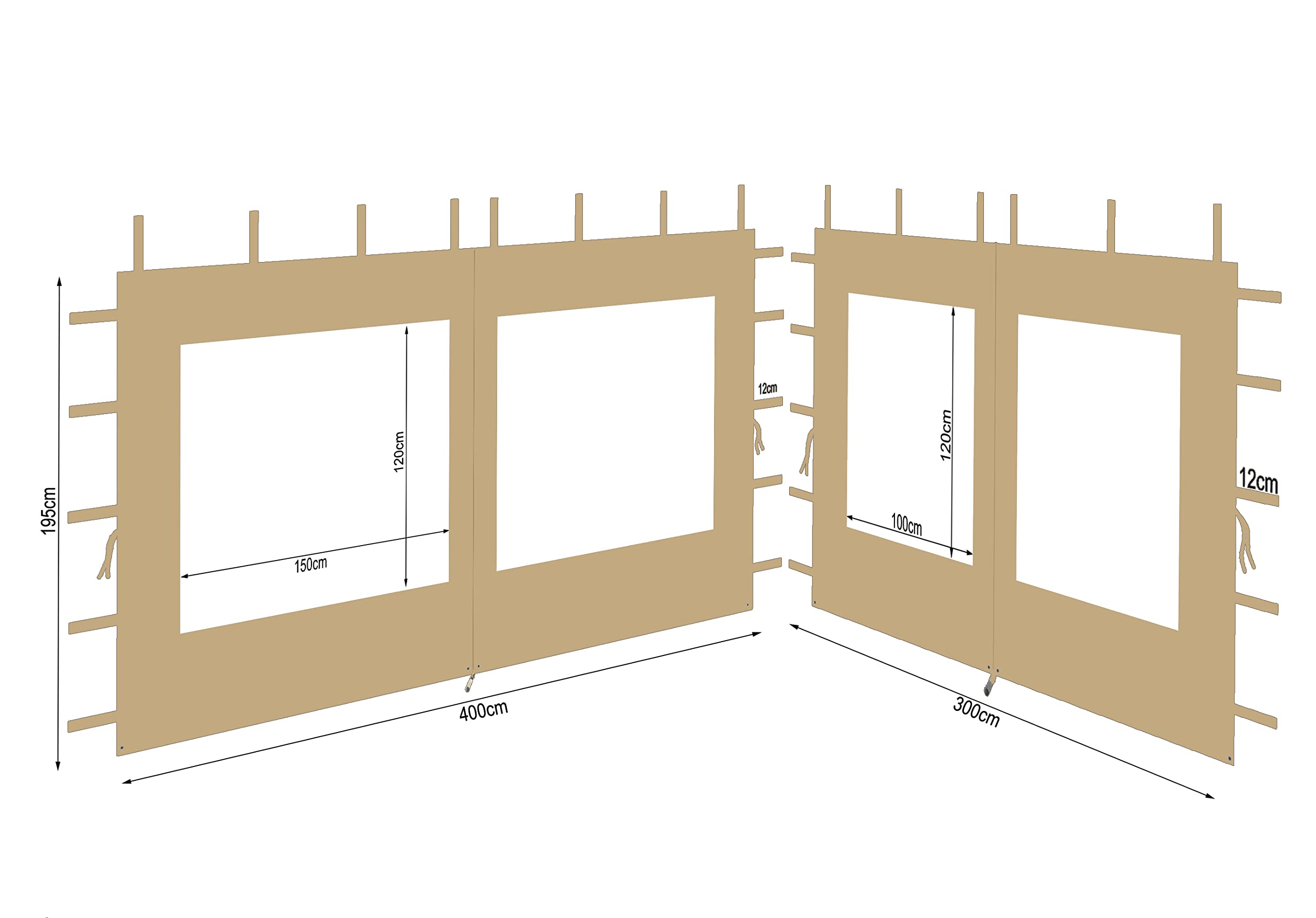 QUICK STAR 2 pannelli laterali in poliestere con finestra 300/400 x 195 cm per gazebo 3 x 4 m parete laterale beige RAL 1001 impermeabile