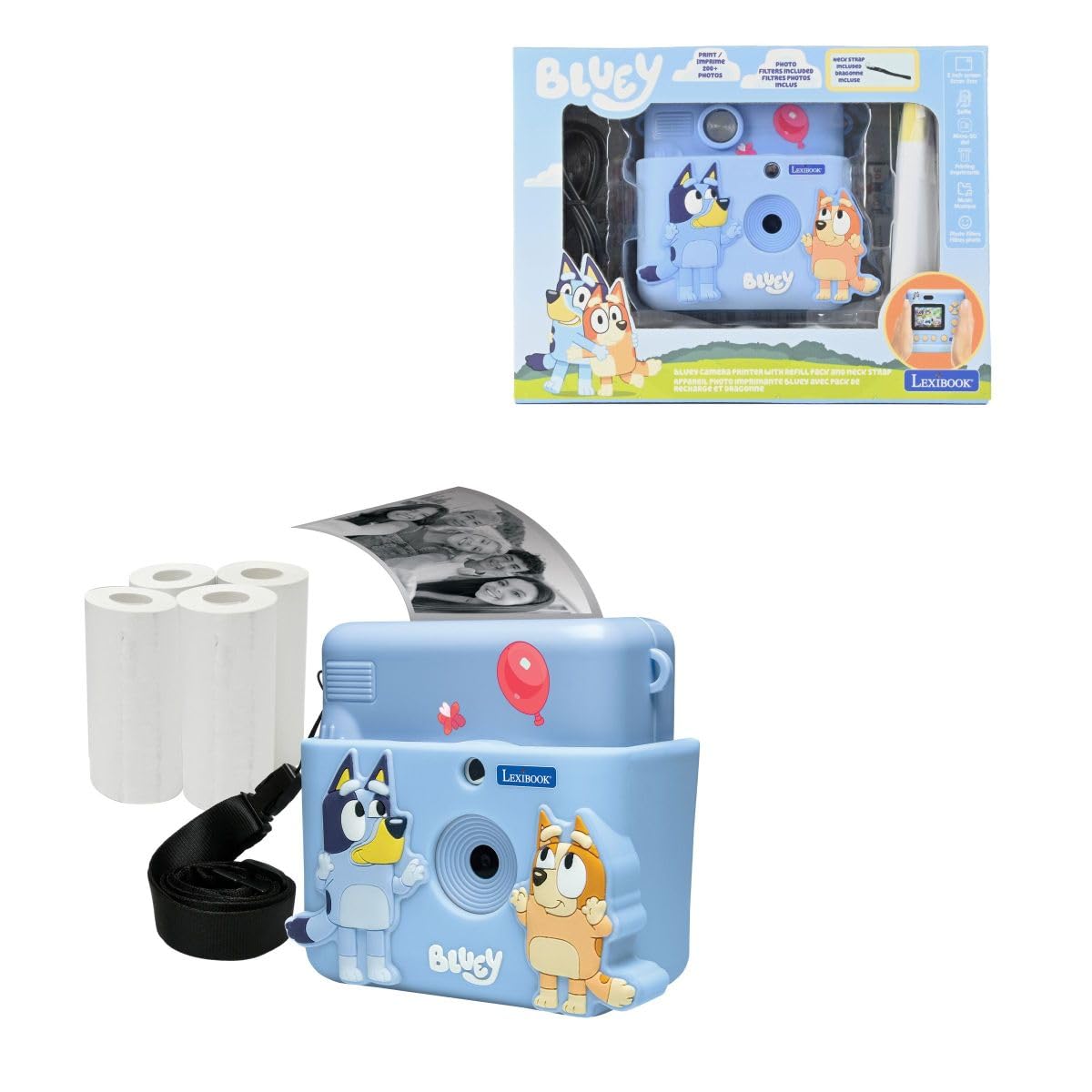 Lexibook, Starcam® Print, zestaw kamera z drukarką natychmiastową, karta SD, 4 rolki papieru, smycz, ochrona 3D Bluey oraz zestaw do personalizacji w komplecie, niebieski, DJ130BYZ