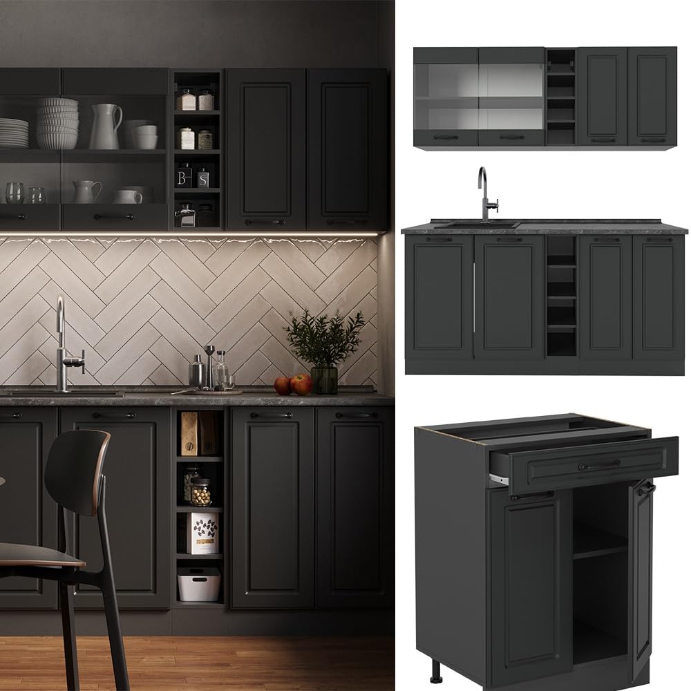 Vicco Singleküche R-Line, Anthrazit Landhaus/Anthrazit, 160 cm, AP Eiche, zur individuellen Erweiterung mit zusätzlichen Modulen geeignet