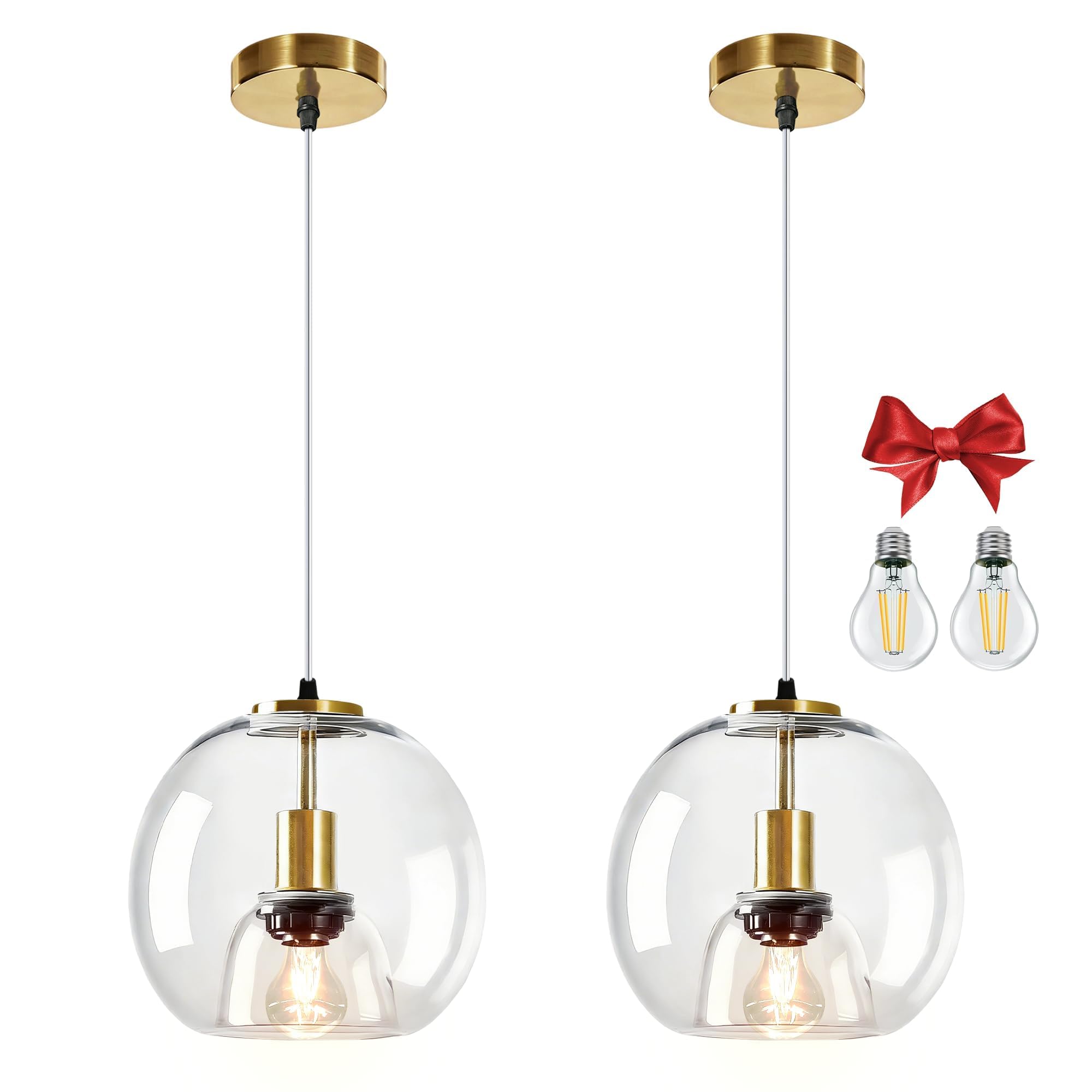 Bravsekai Glass Pendant Kitchen Island Light, 2 Packs Clear Glass Pendant Lighting fixtures with Extra 2 Bulbs,Adjustable 150cm Cord, Modern Light for Kitchen Island,Dining Room(23cm, 2-Pack) — image 1