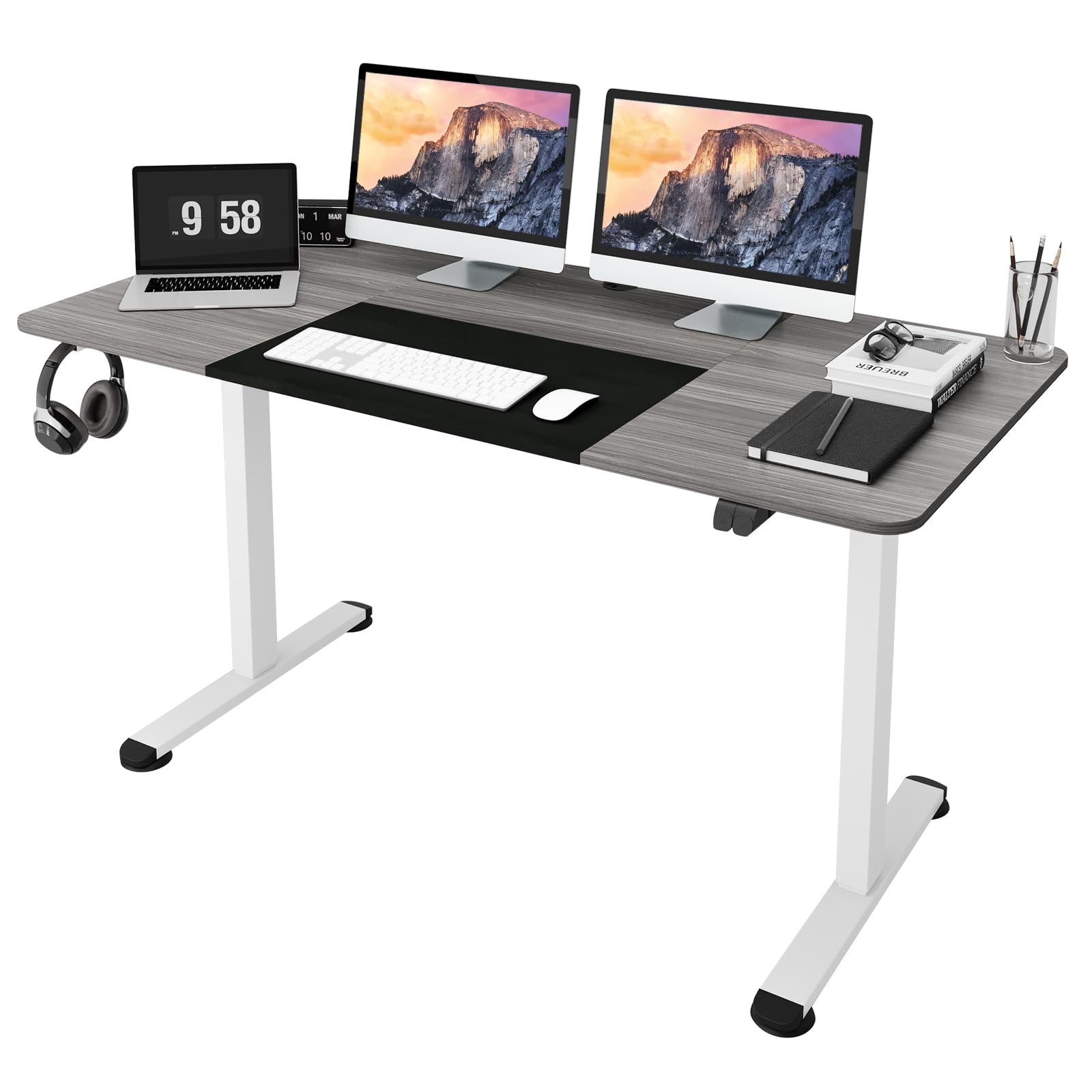 COSTWAY Mesa Escritorio Elevable Electrico, 140 x 70 x 72-116cm, Mesa Escritorio Ordenador Ajustable, Escritorio Ergonómico con Orificio y Gancho para Gestión de Cables para Oficina Casa (Gris Oscuro)