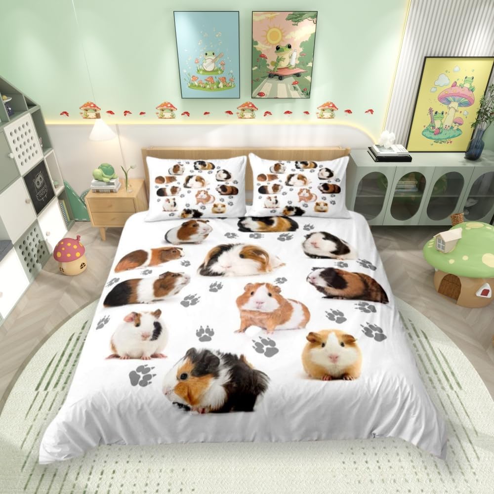 Feelingyou Multi 34 Guinea Pig Comforter Cover Set Cute Guinea Pig And Footprint Decor Duvet Cover Cute Animal Bedding Set 2Pcs For Kids Soft Polyester Quilt Cover With 1 Pillow Case(No Comforter) Single Size