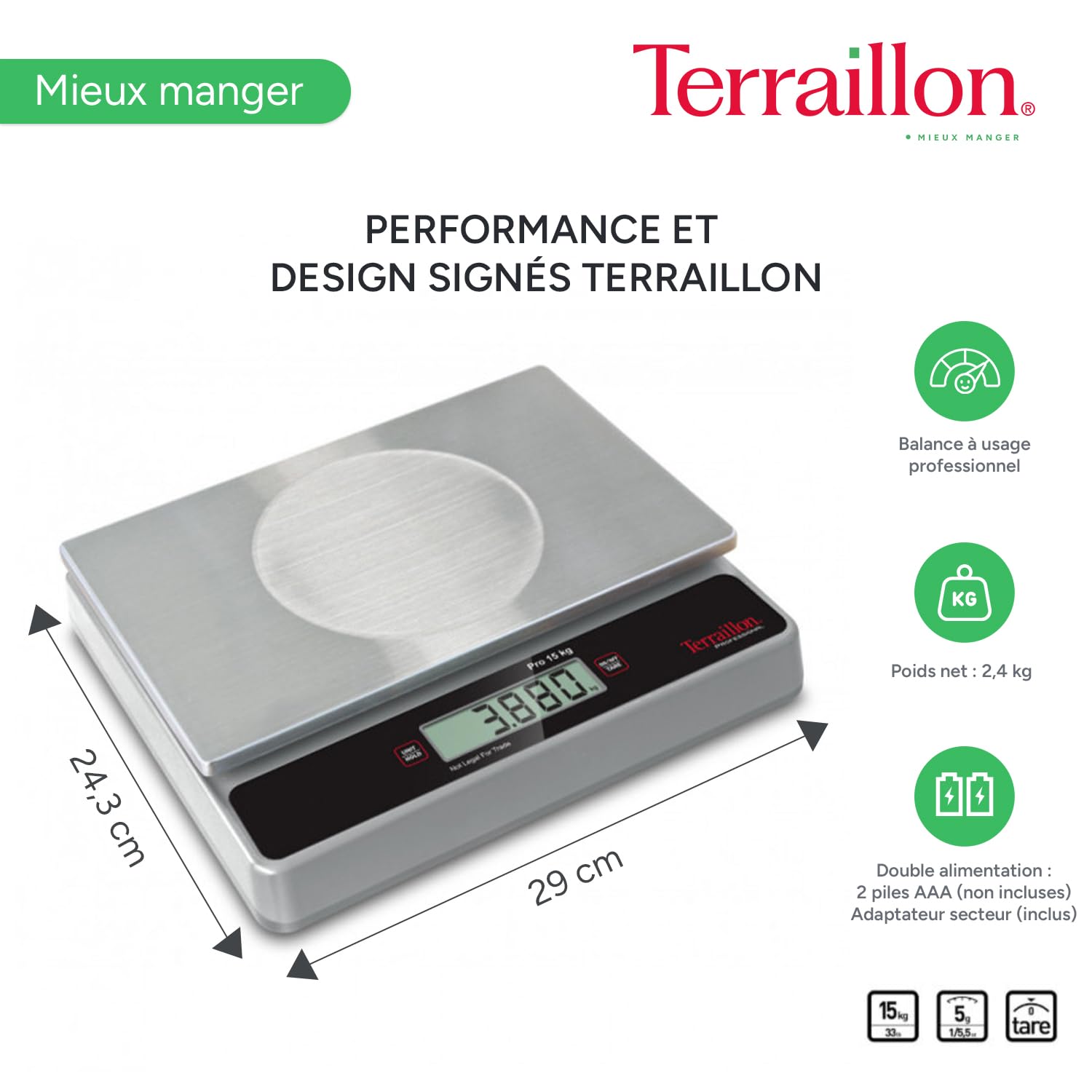 TERRAILLON - PRO 15 - Balance de cuisine électronique professionnelle, Large plateau Inox 29 x 18 cm, capacité 15 kg, graduation 5 g, norme IP54, Ecran LCD, Touches mécanique - Inox