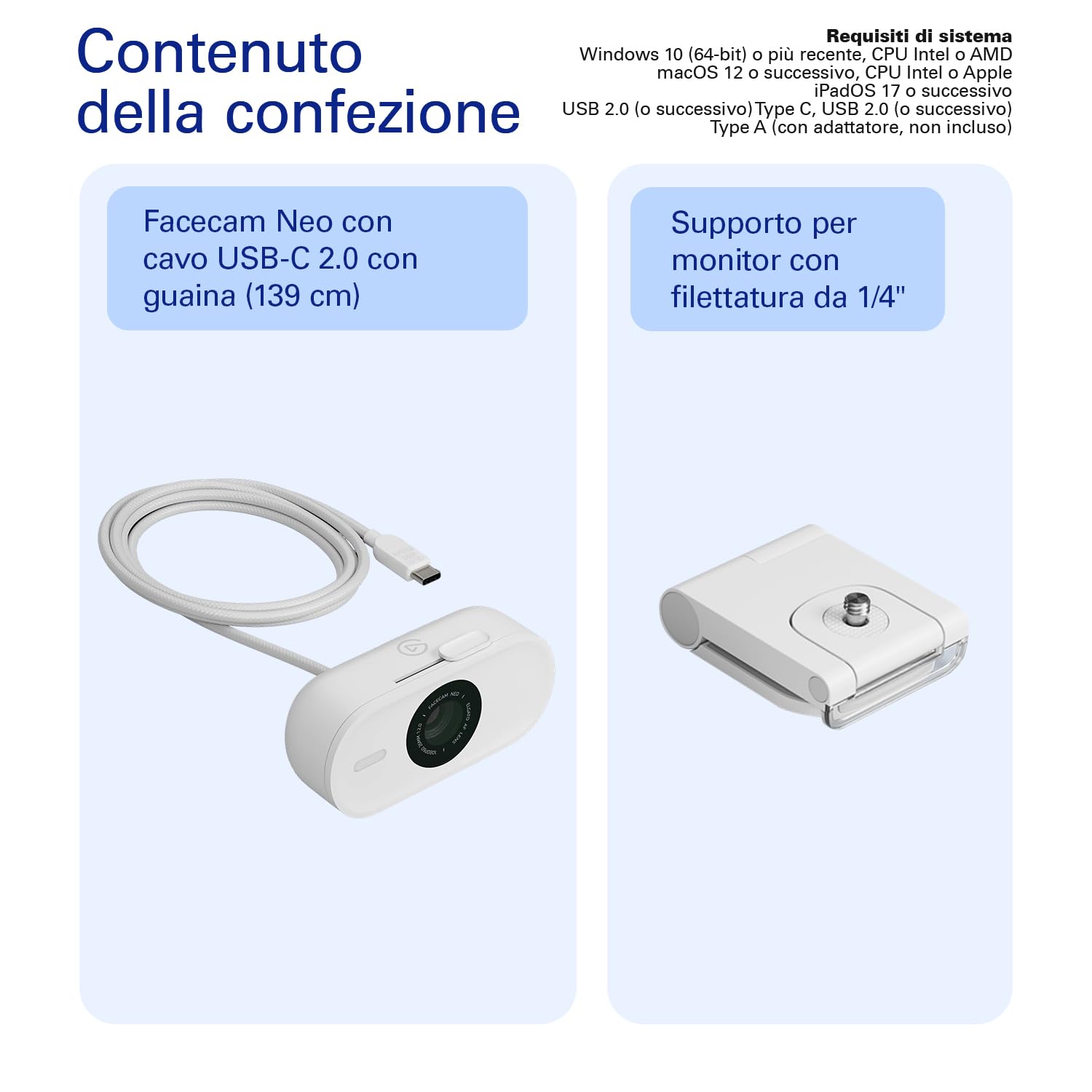 Elgato Facecam Neo – Webcam Full HD con copriobiettivo scorrevole, correzione della luce, per videochiamate, streaming, Teams/Zoom/Slack/OBS/Twitch/Youtube e altro – USB-C/Plug & Play su PC/Laptop/Mac