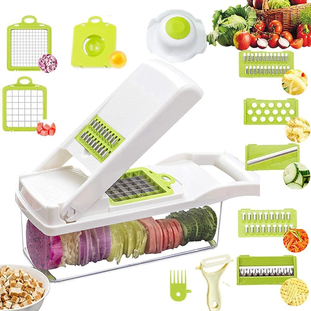 12 in 1 Vegetable Chopper, Heavy Duty Mandoline Slicer Potato Onion Chopper Food Chopper Veggie Chopper with Vegetable Peeler, Hand Guard and Container (White)