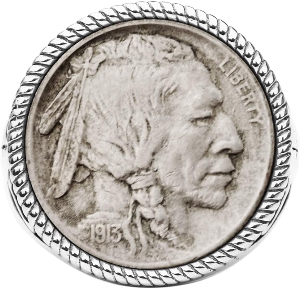 US 1913 Indian Head Buffalo Nickel Circulated Coin 925 Sterling Silver Signet Ring NEW - Buffalo Skull Design